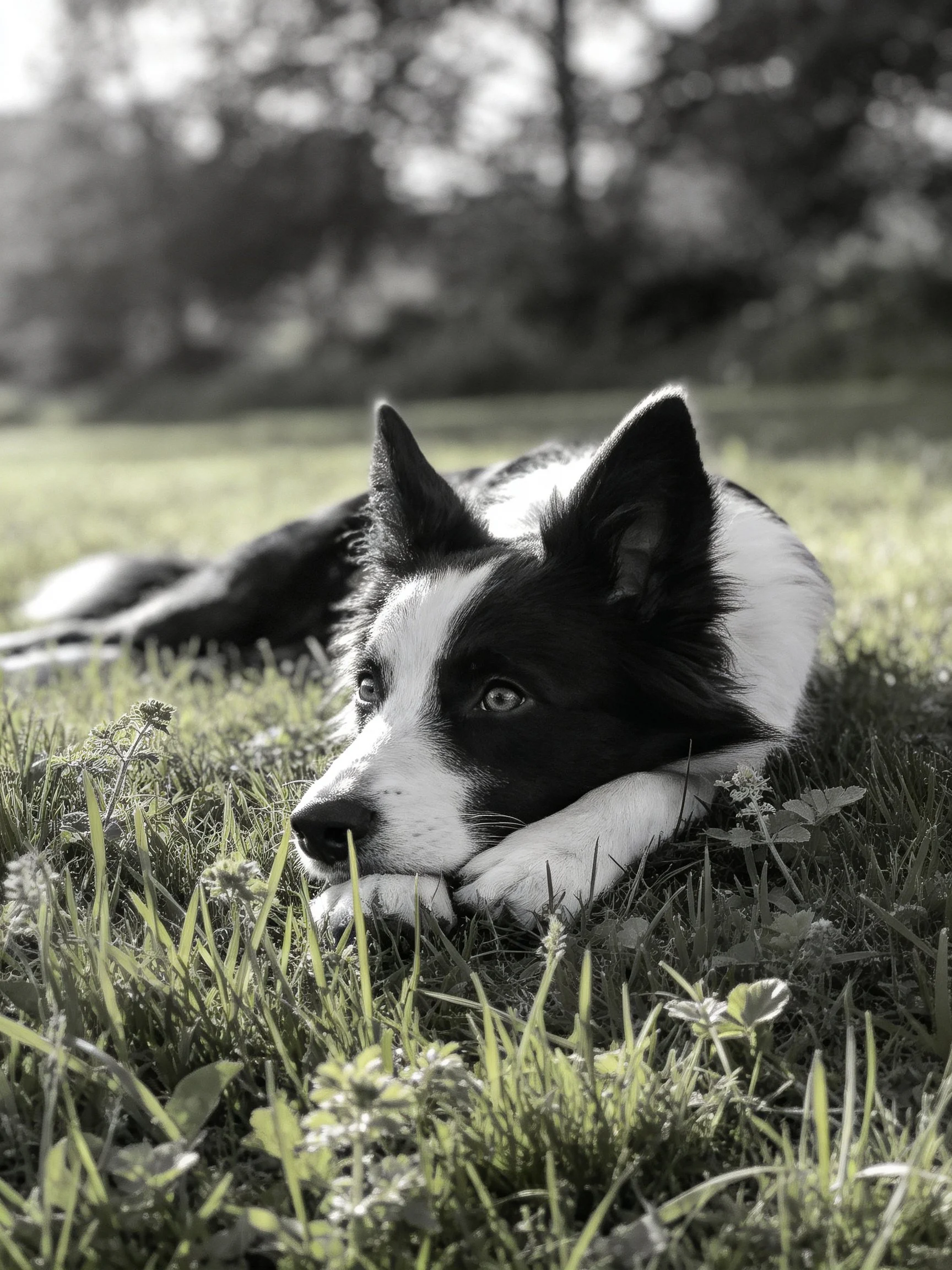A black and white dog rests on grass in an outdoor setting.
