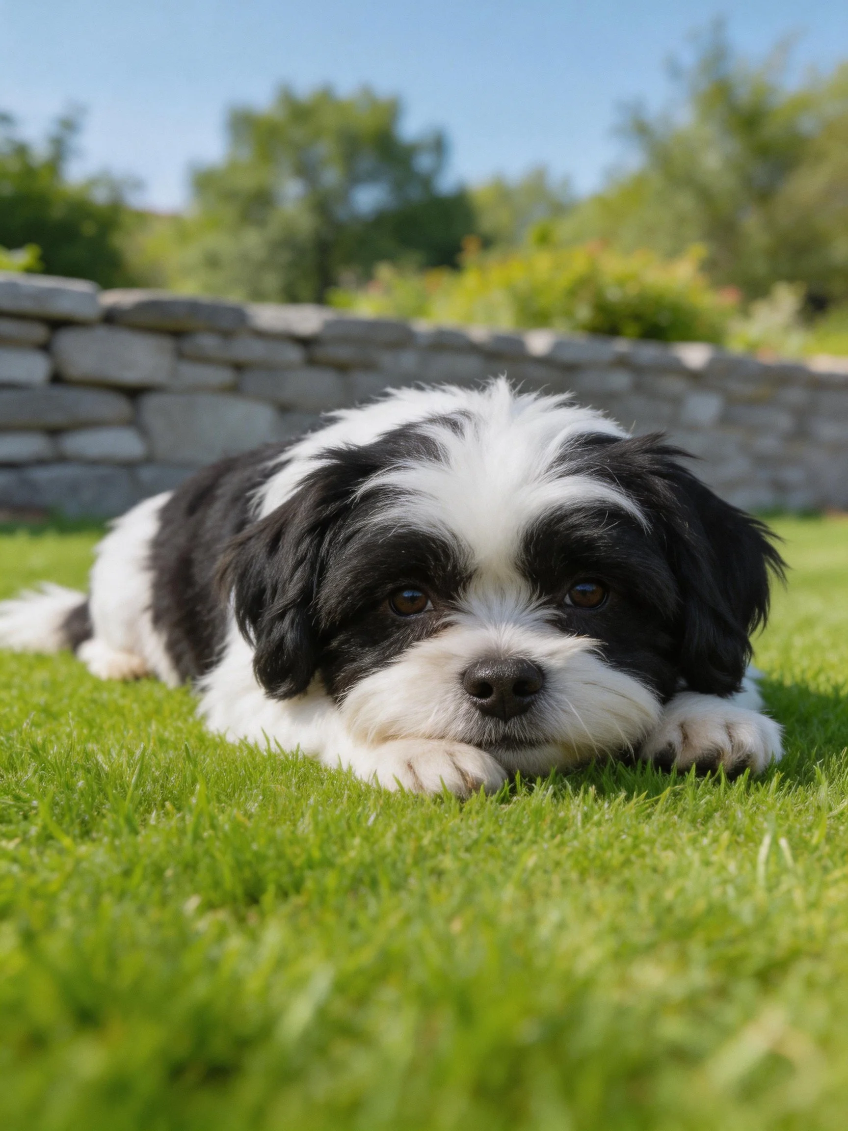 A black and white dog relaxes on grass with a stone wall in the background