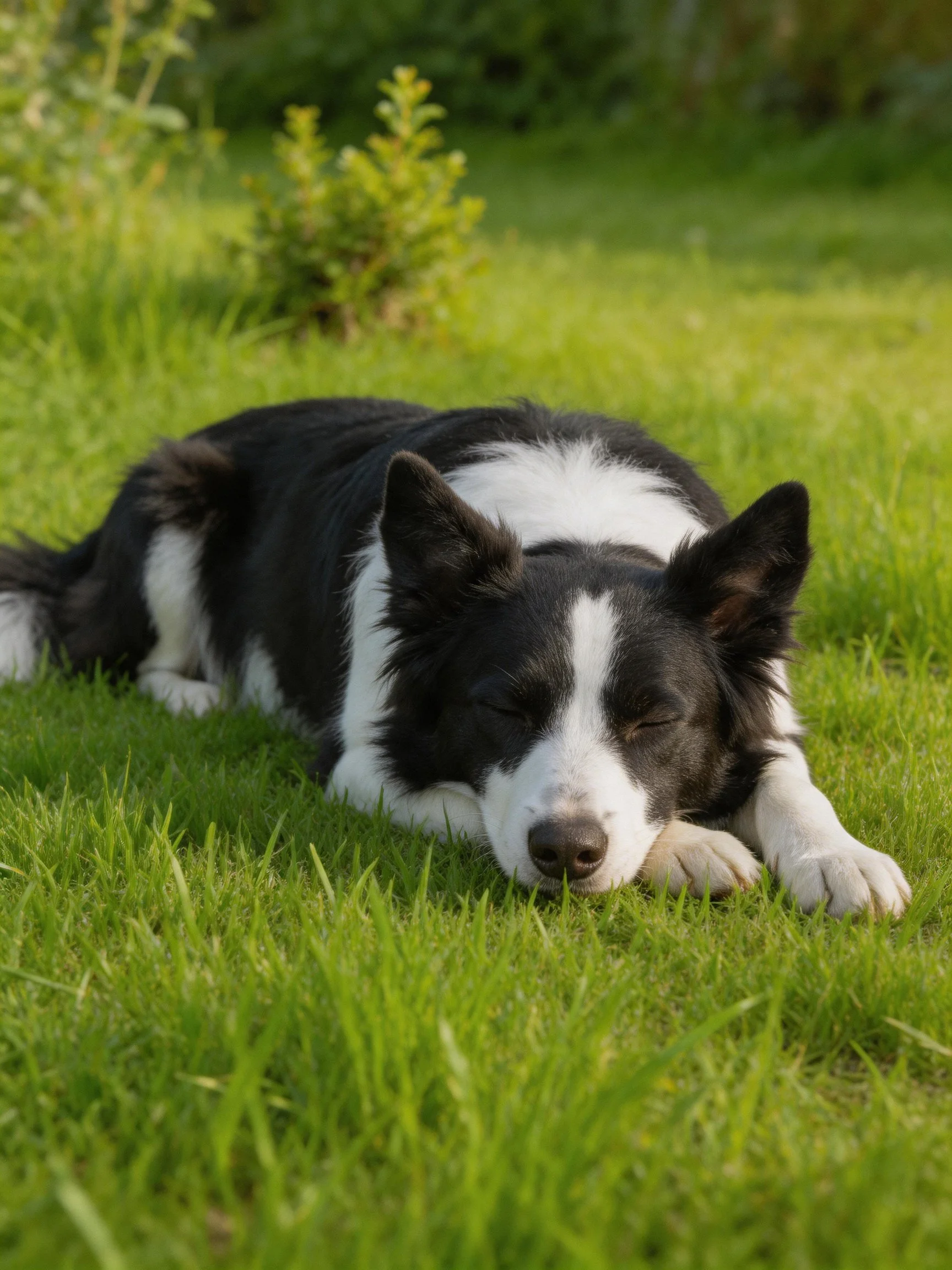 A black and white dog sleeps on vibrant grass in a sunlit outdoor setting.