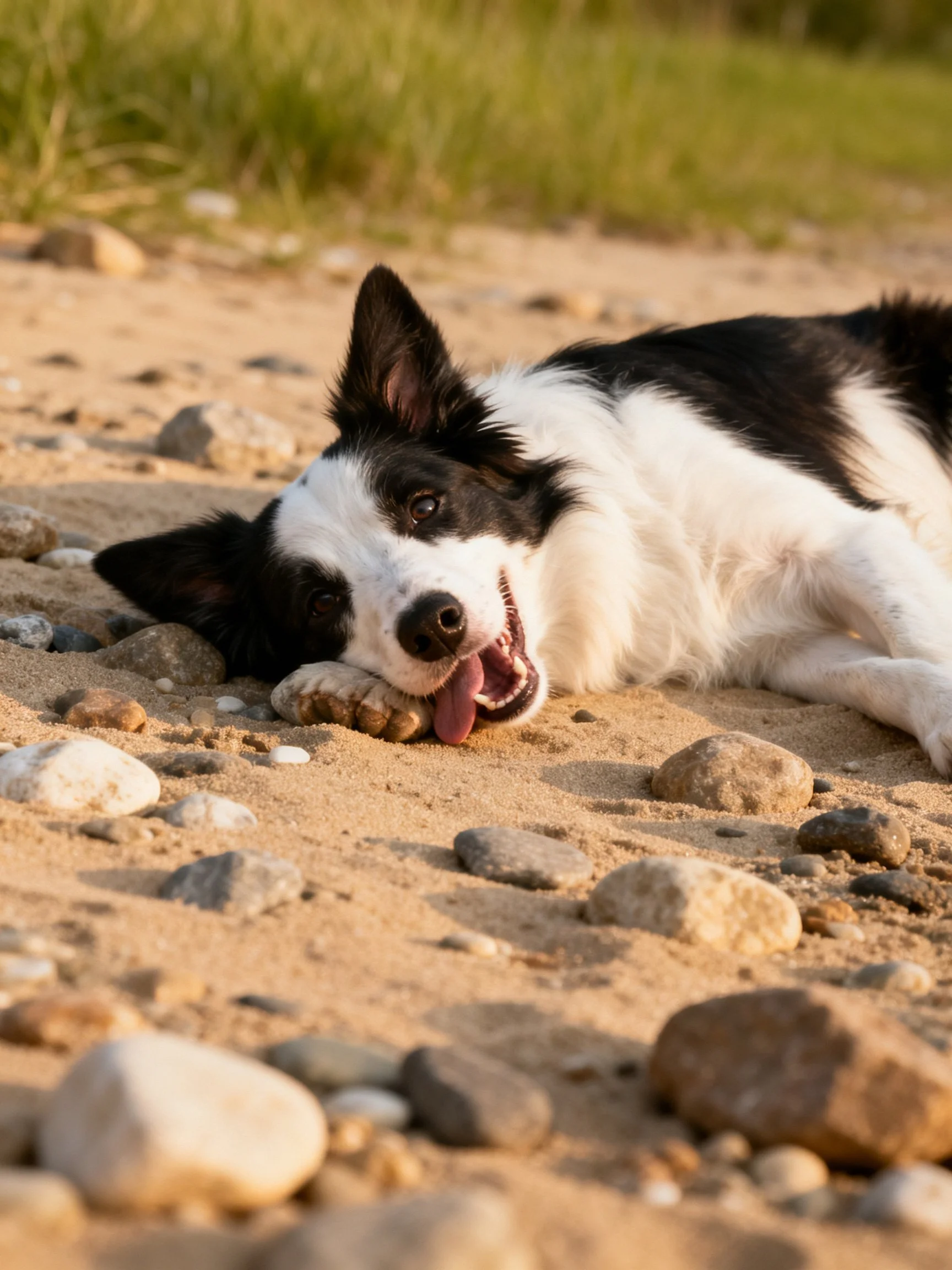A black and white dog relaxes on sandy ground amid small rocks.
