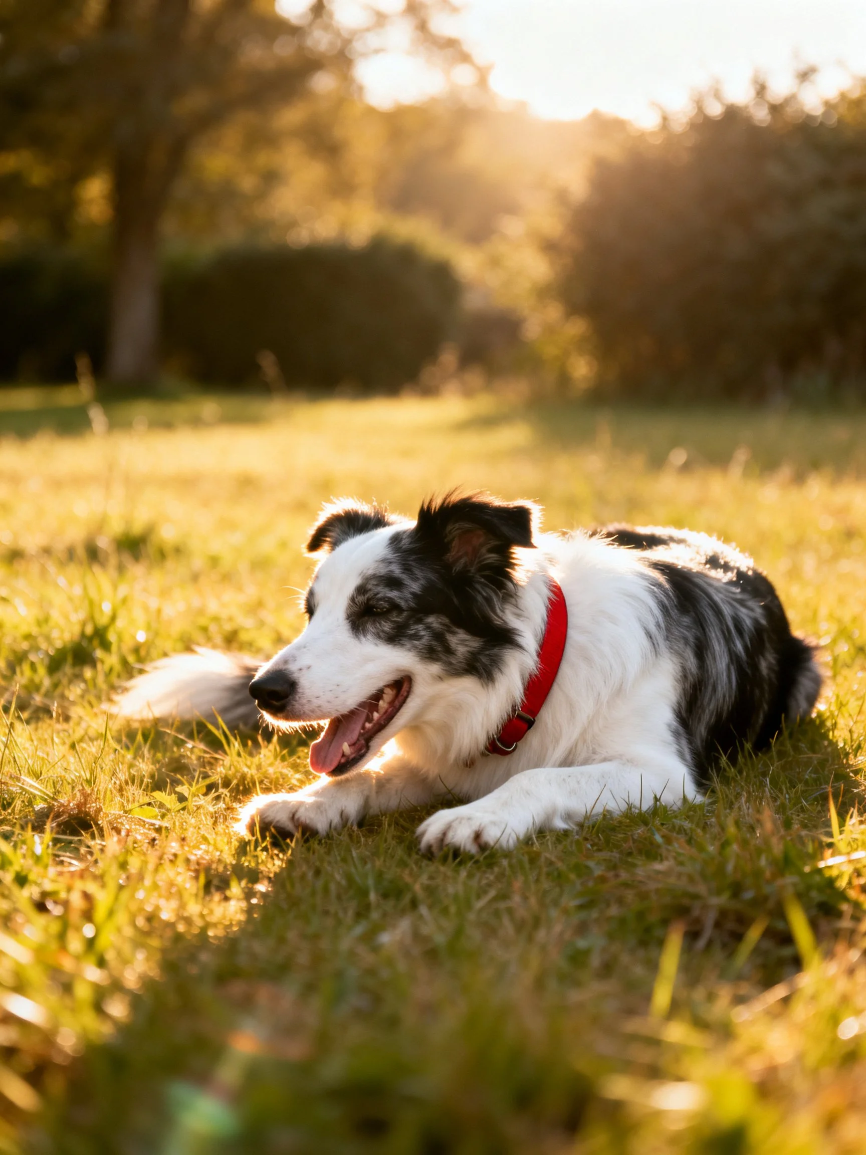 A black and white dog relaxes on sunlit grass in an outdoor setting.
