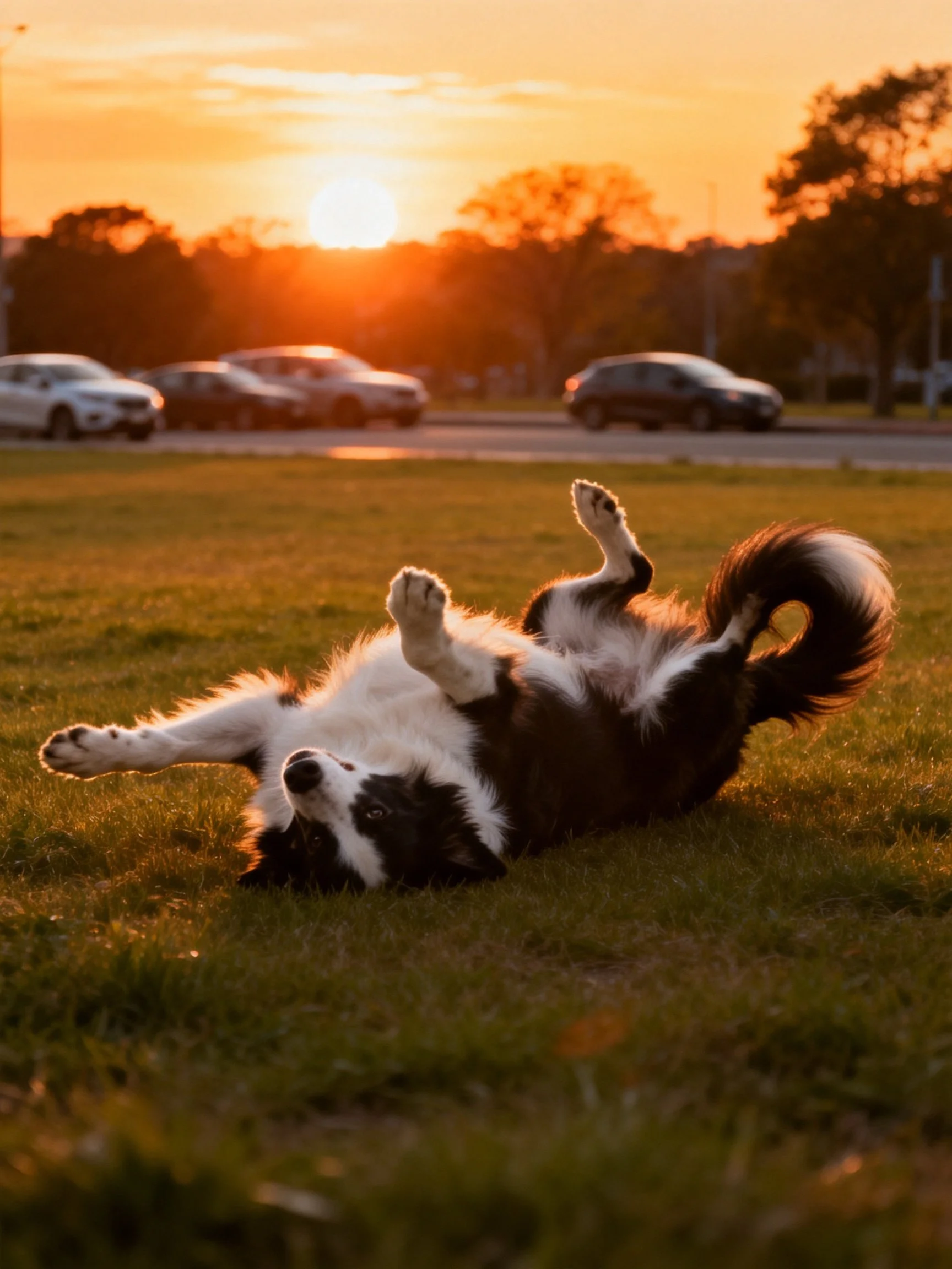 A black-and-white dog plays on grass as the sun sets