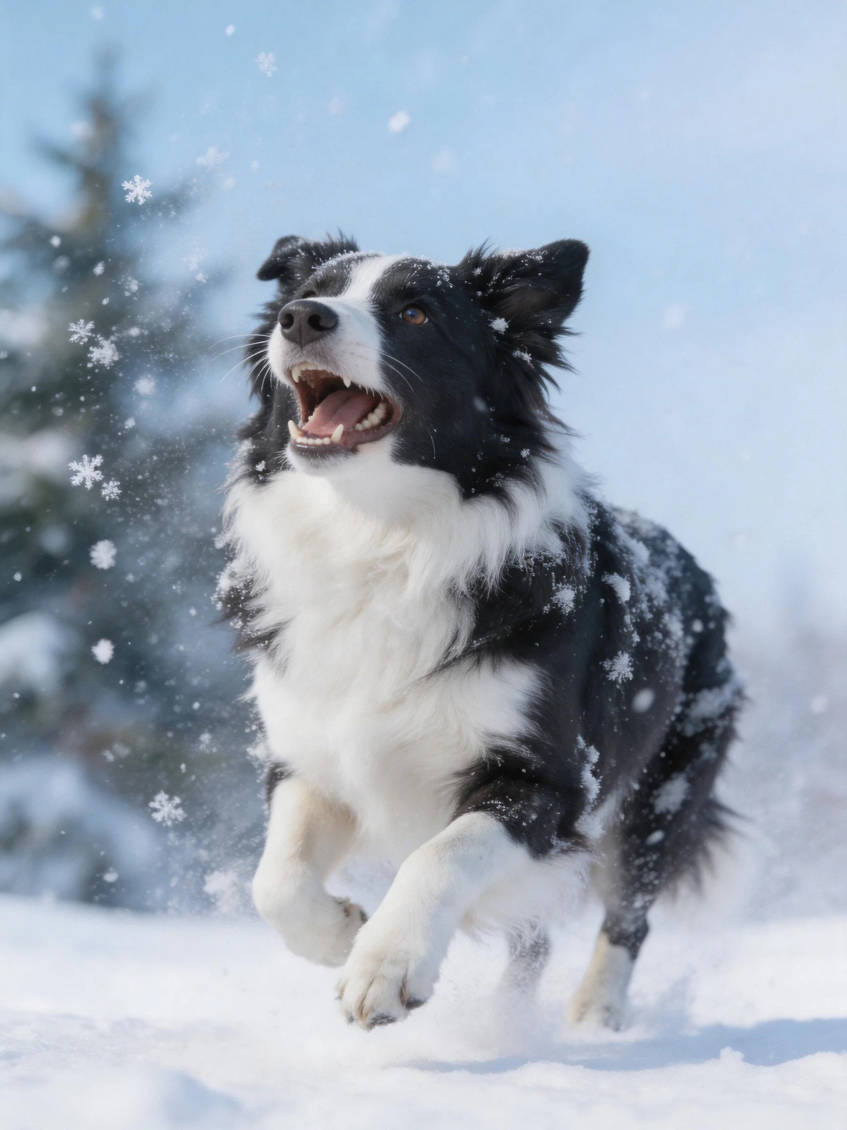 A black and white dog running through falling snow
