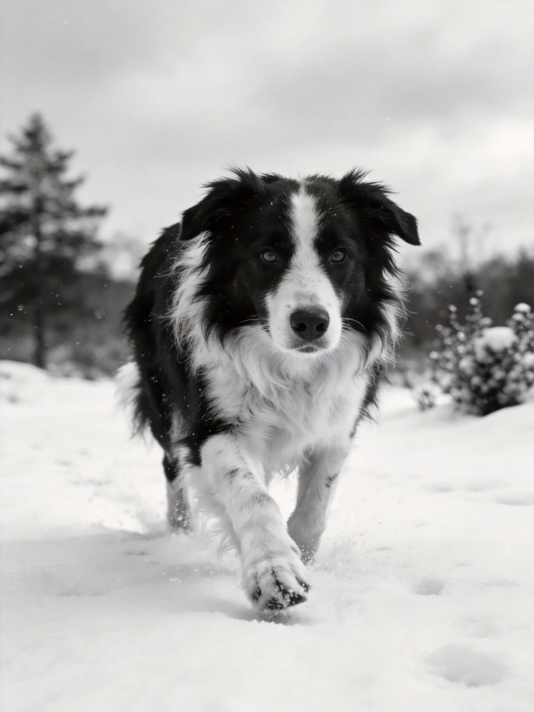 A black and white dog running through snowy landscape