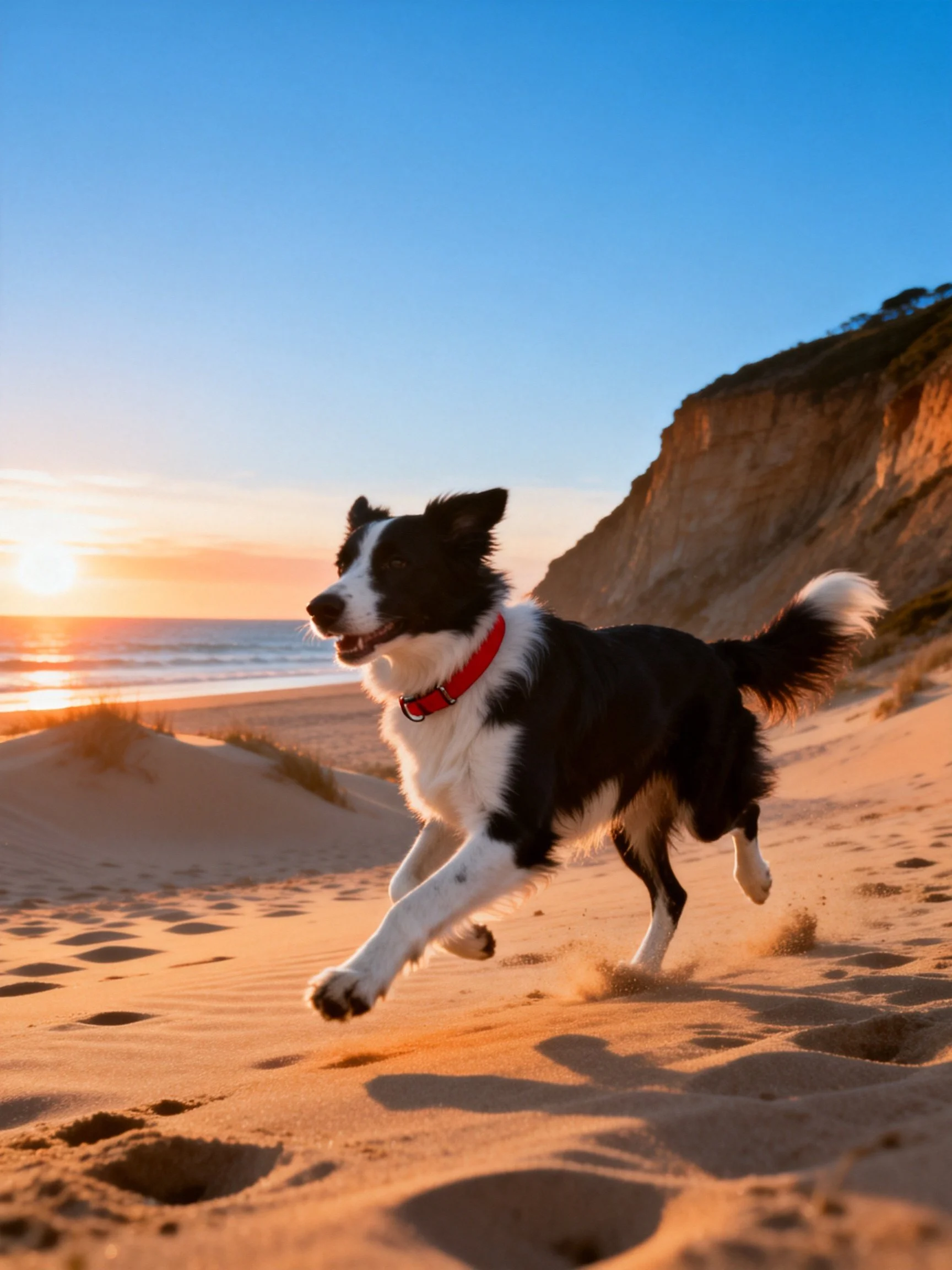 A black and white dog runs along sandy beaches at sunset