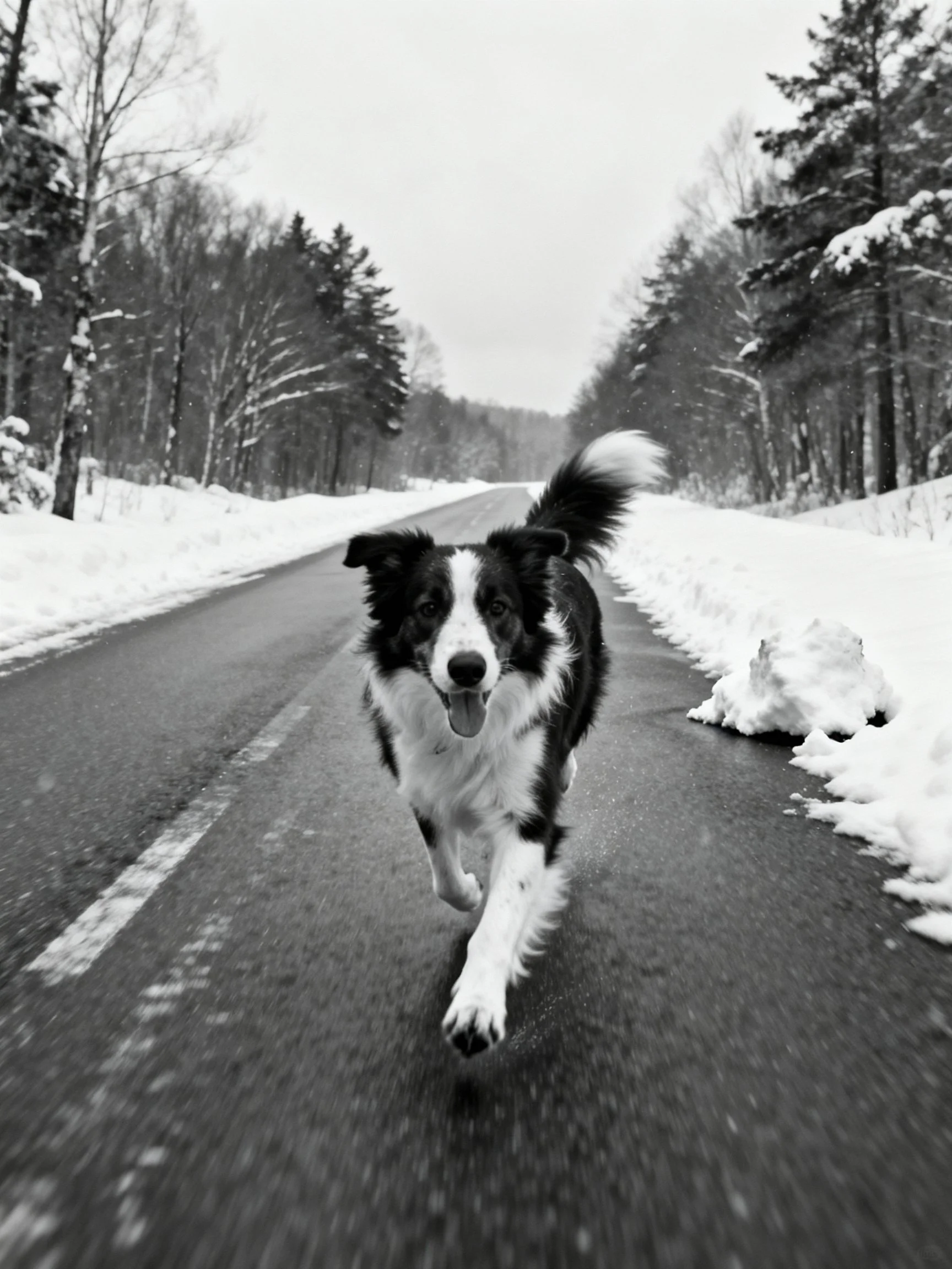A black and white dog runs down a snow-lined road