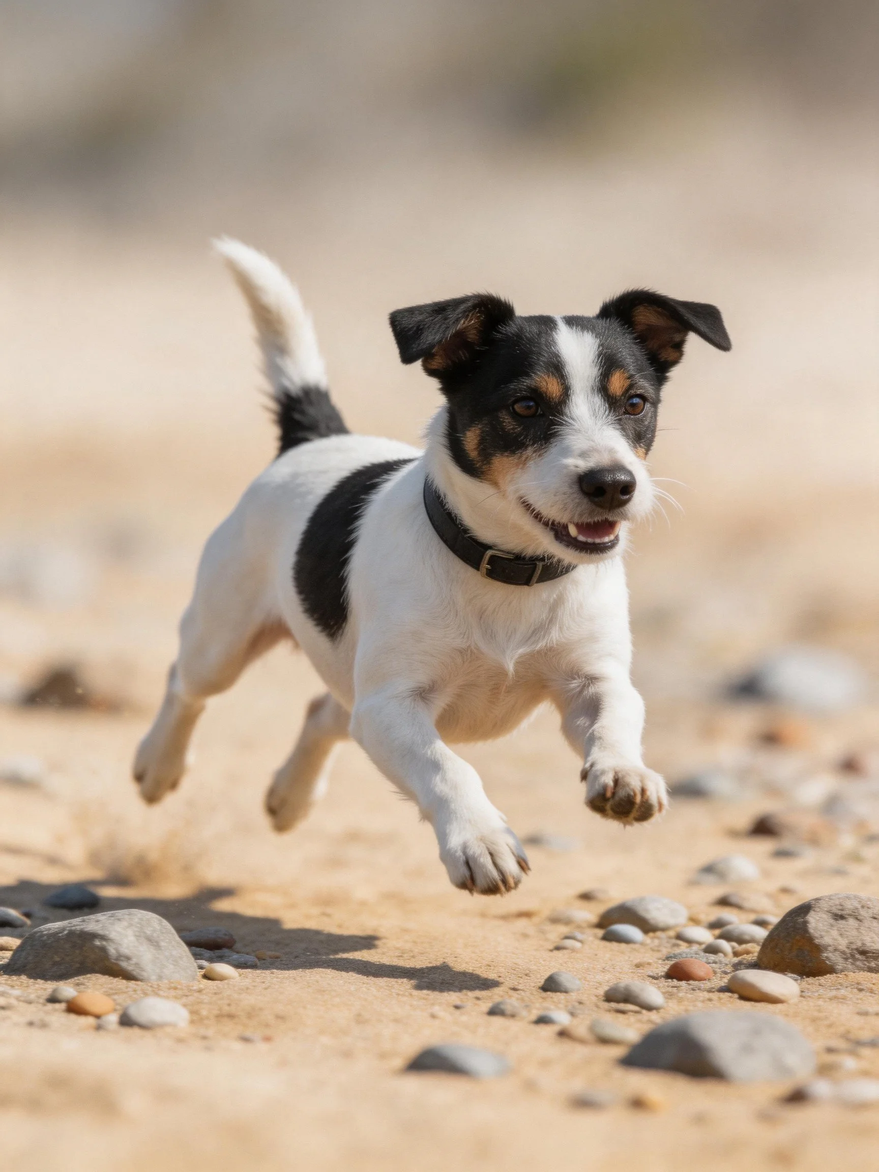 A black and white dog dashes across sandy, rocky ground.