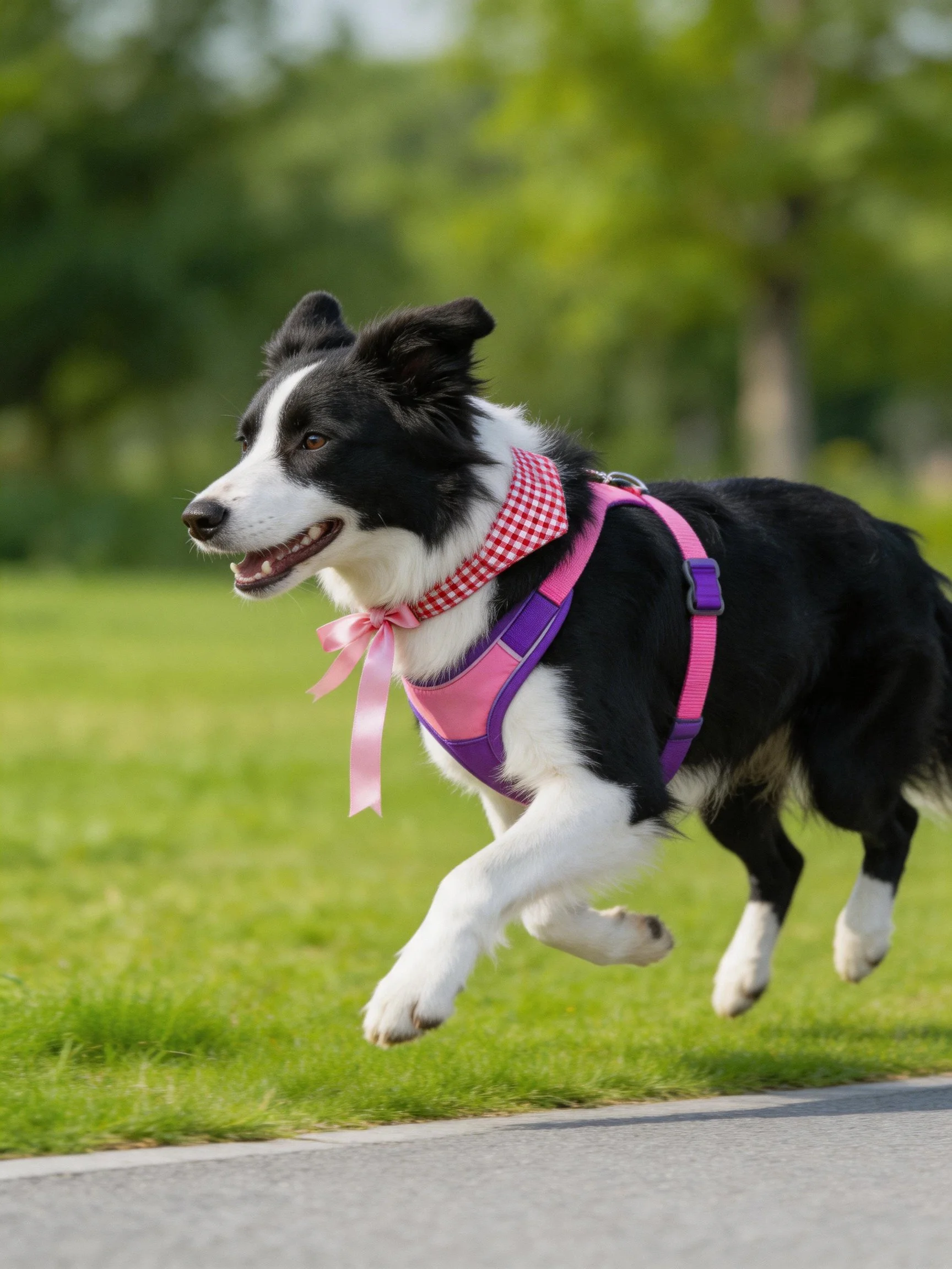 A black and white dog runs joyfully in a colorful harness.