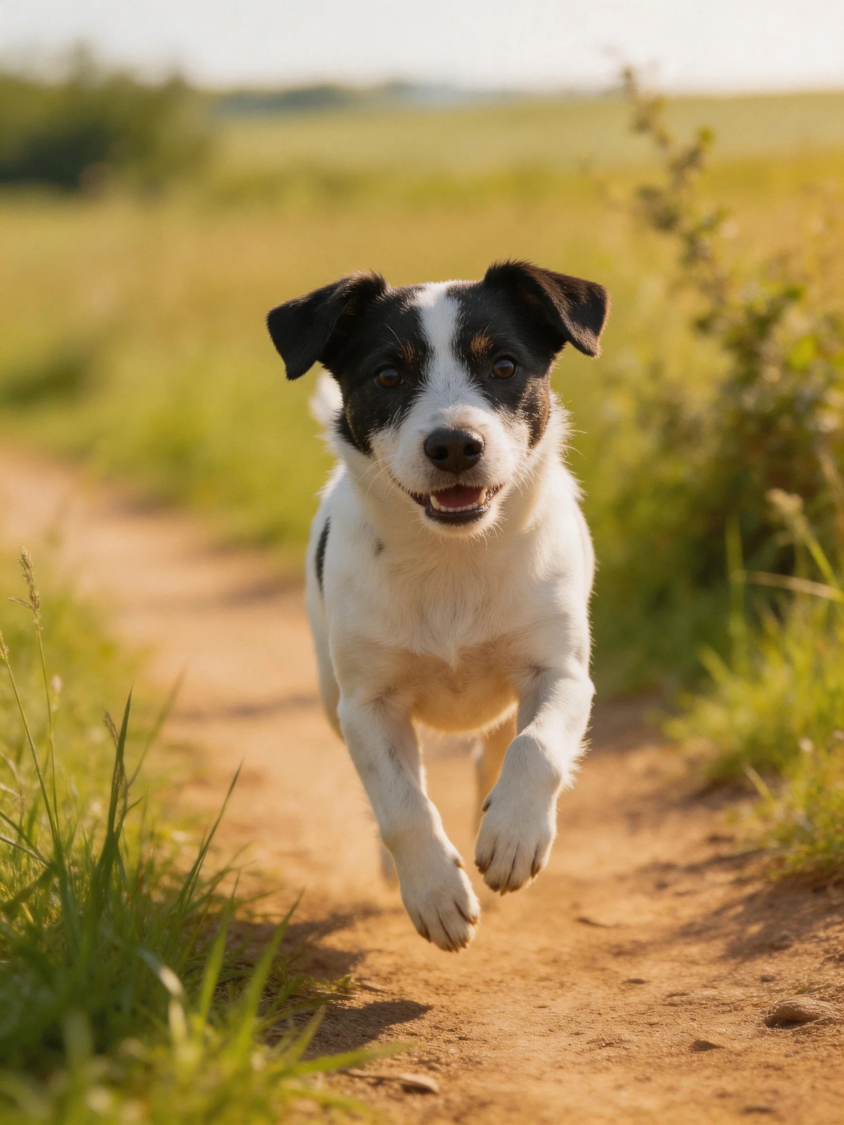 A black - and - white dog runs joyfully on a dirt path