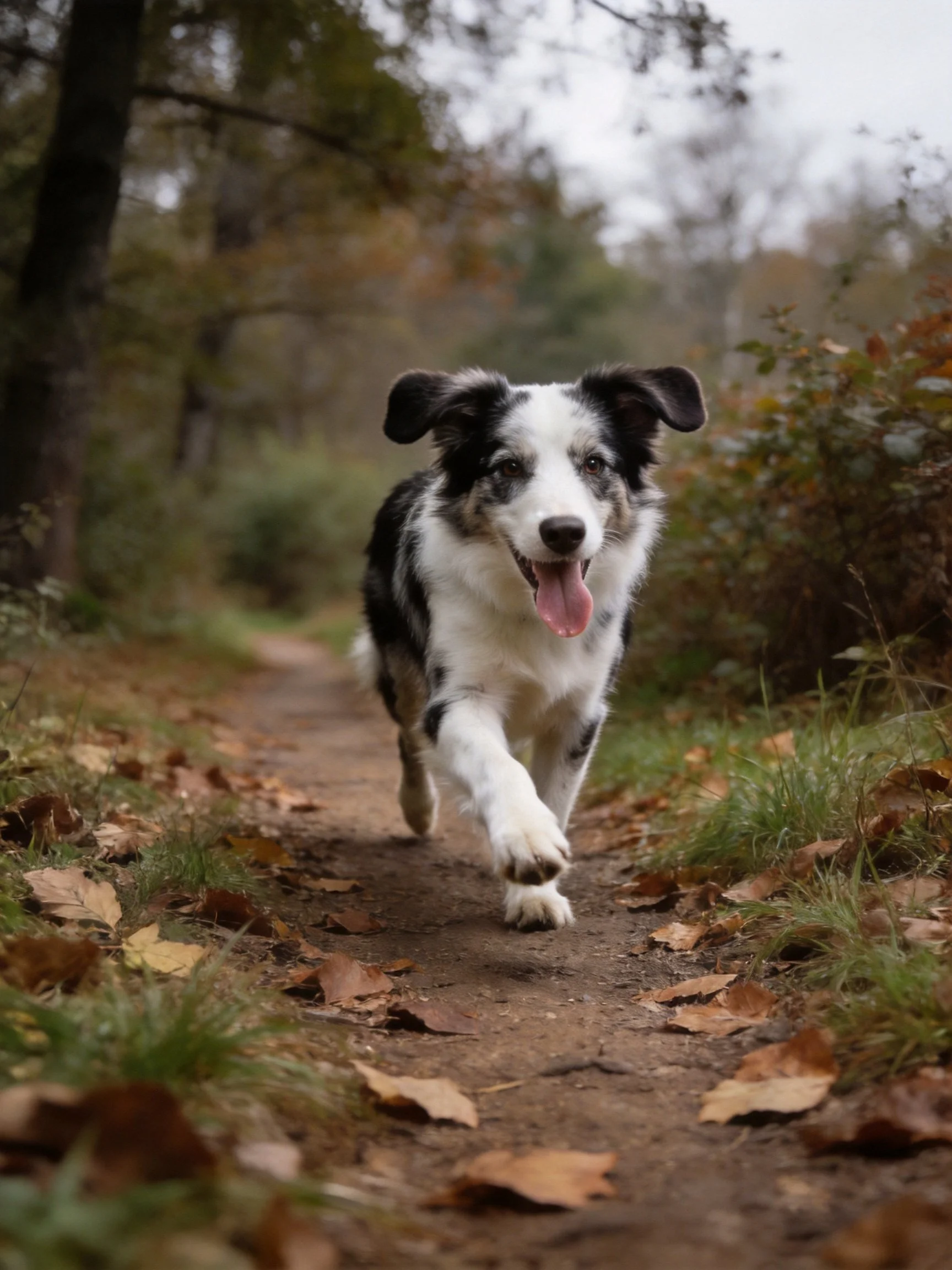 A black and white dog runs joyfully on a leaf-strewn forest path
