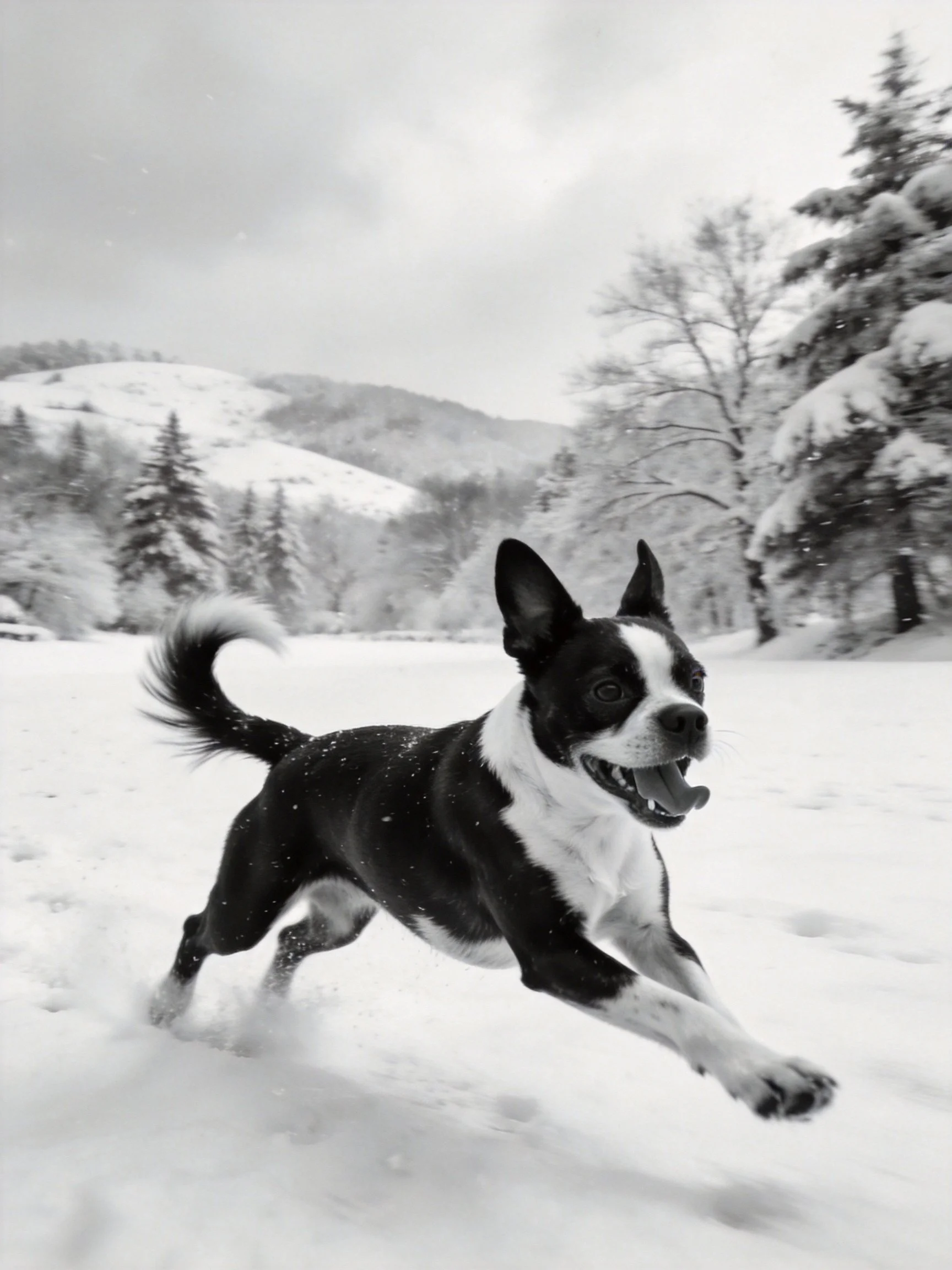 A black and white dog runs energetically in a snowy outdoor setting