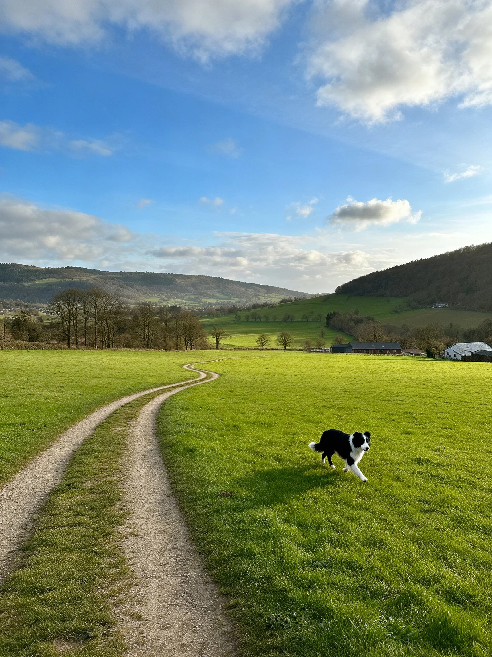 A black and white dog runs near a winding dirt path in a lush green meadow