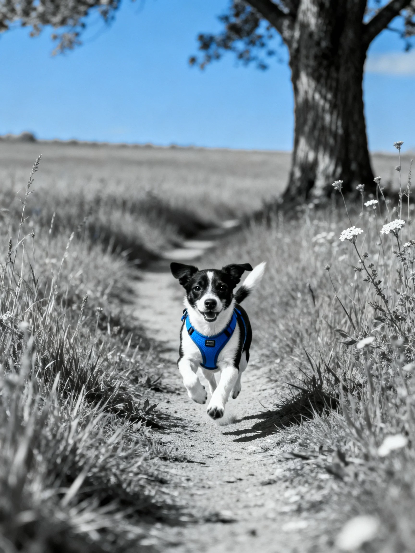 A black-and-white dog runs along a dirt path near a large tree