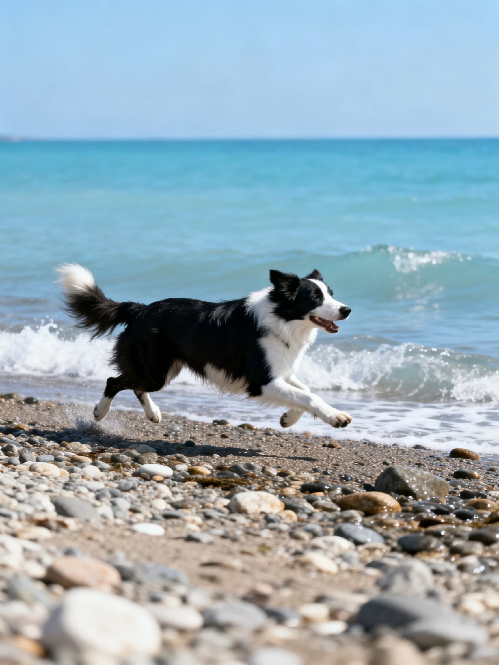 A black and white dog runs energetically along a pebbly beach by the sea.