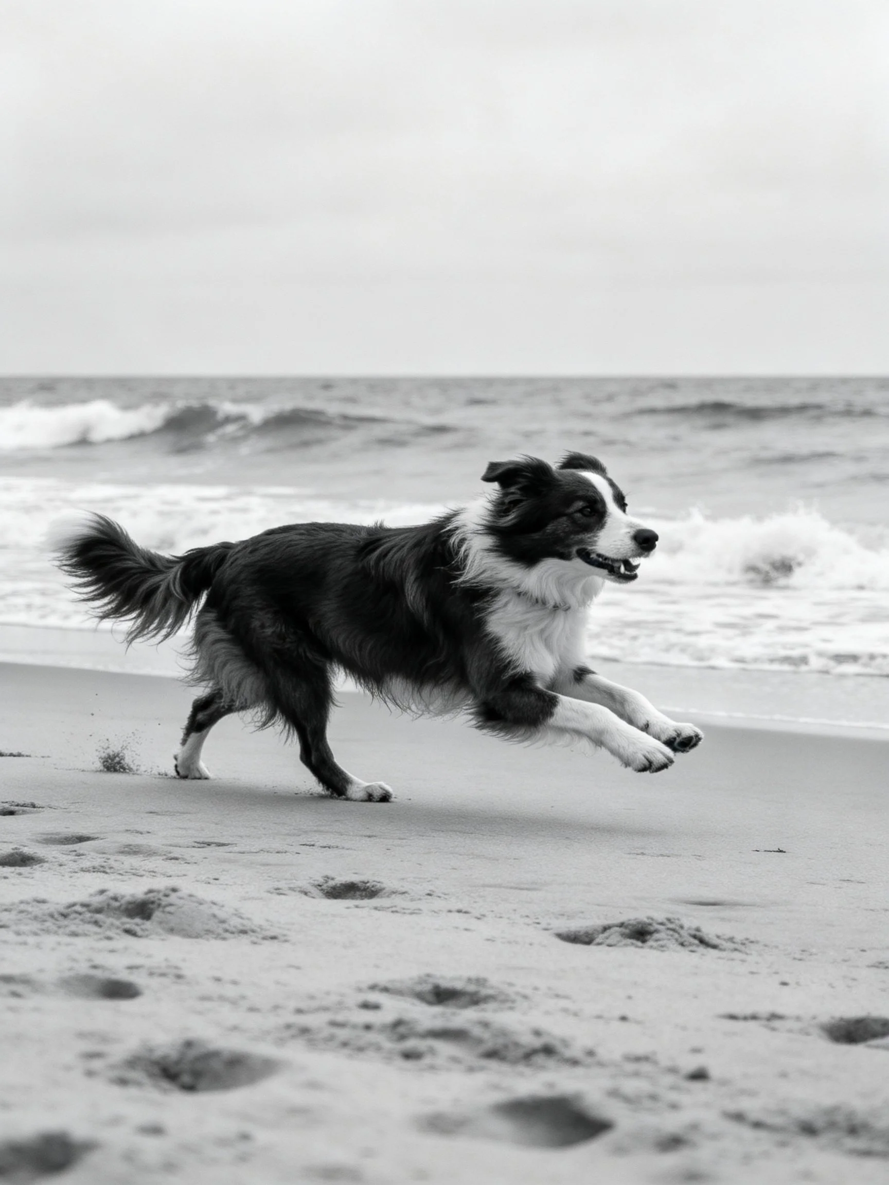 A black and white dog runs energetically on a sandy beach near the ocean.