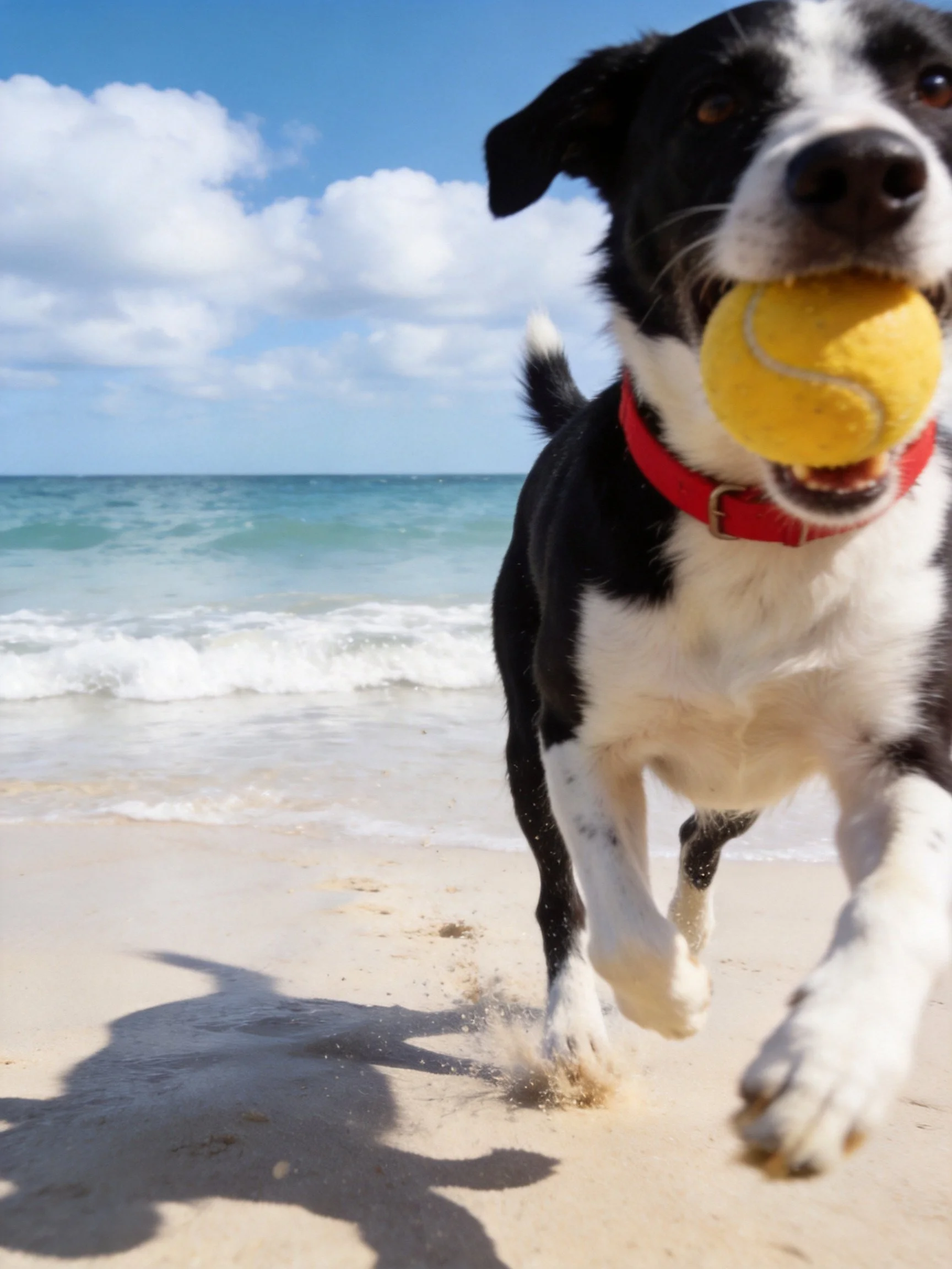 A black and white dog runs on a sandy beach carrying a yellow tennis ball near the ocean.