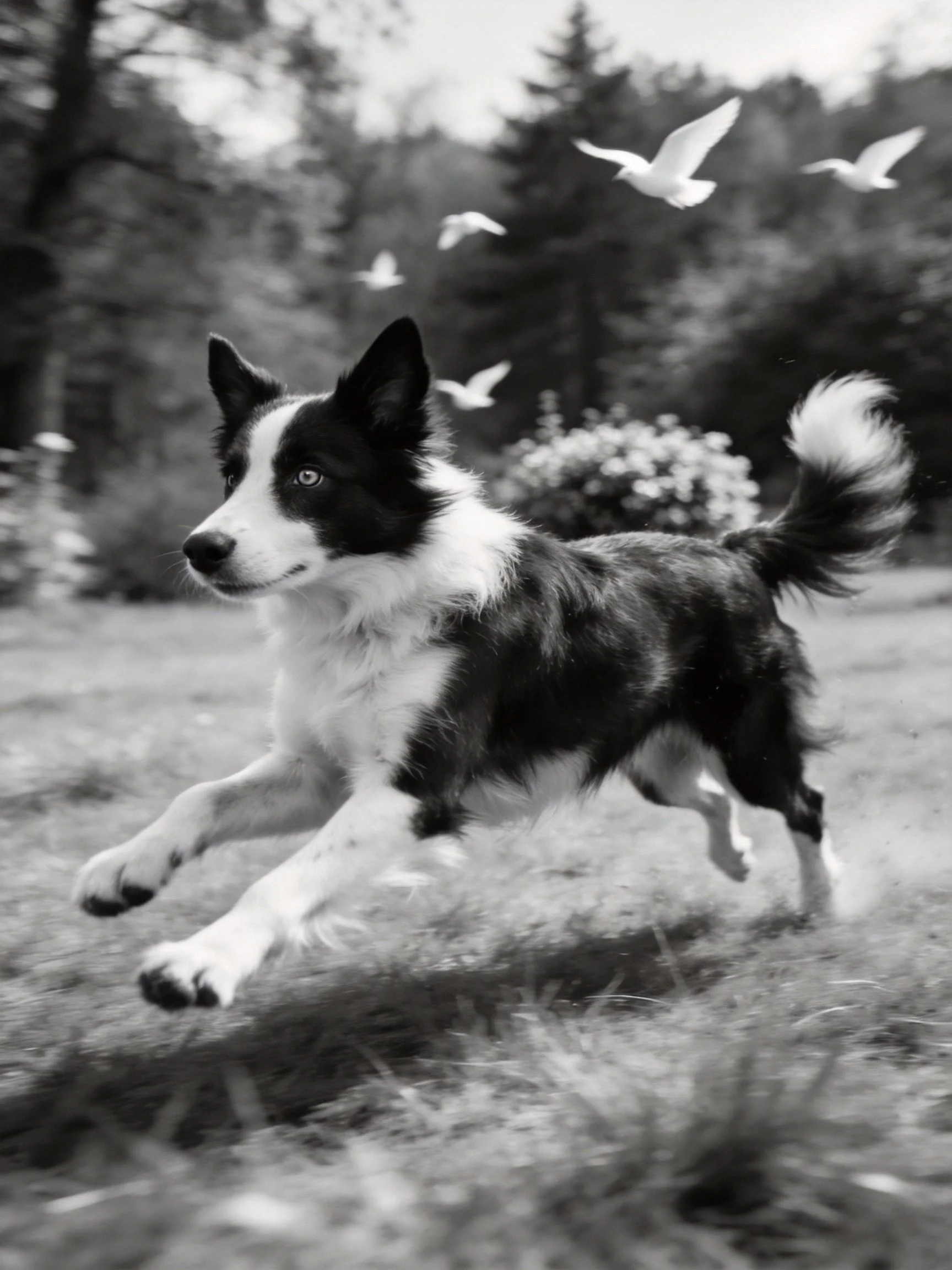 A black and white dog runs through a field with flying birds