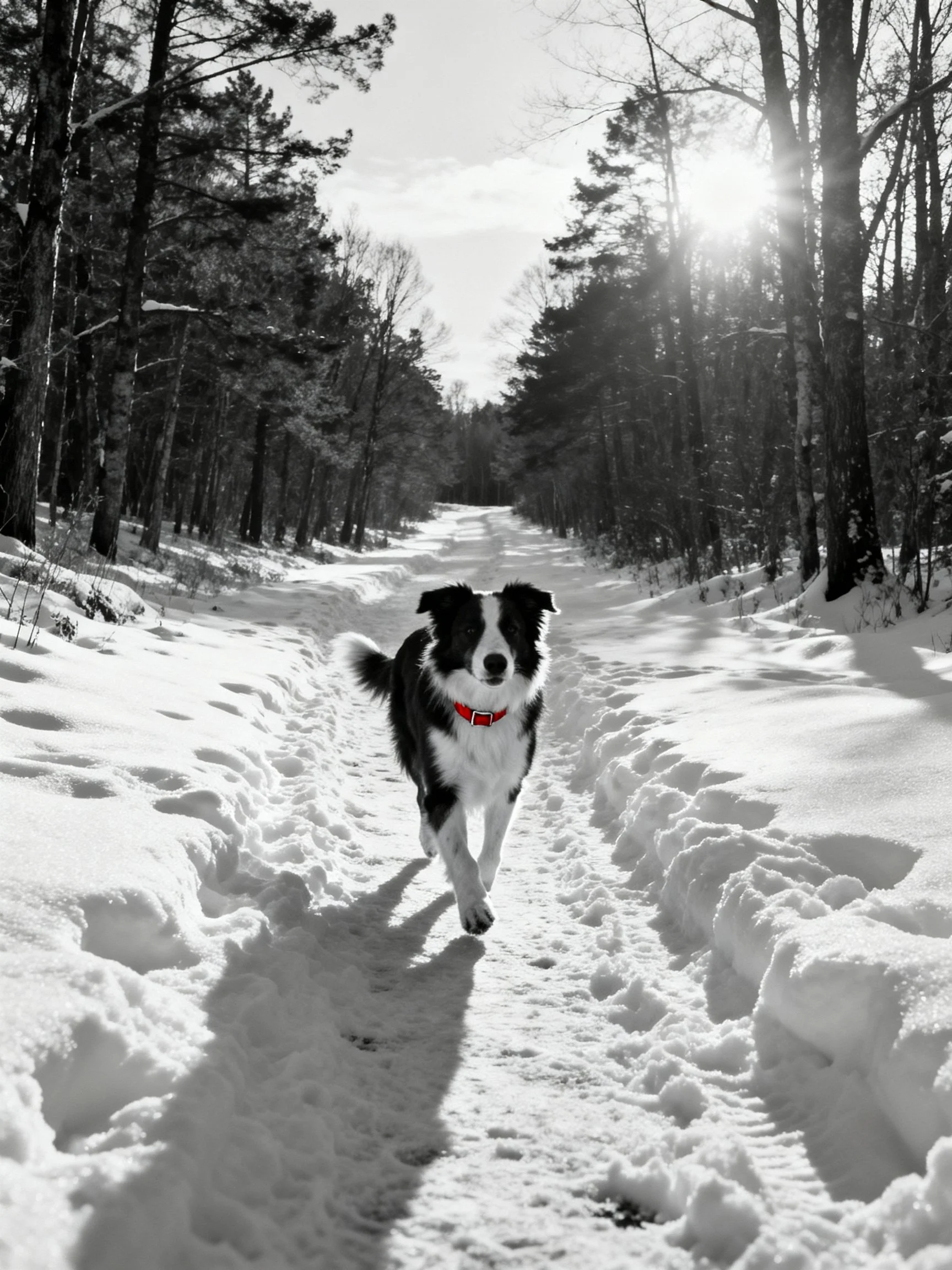 A black and white dog runs toward the camera on a snowy forest path.