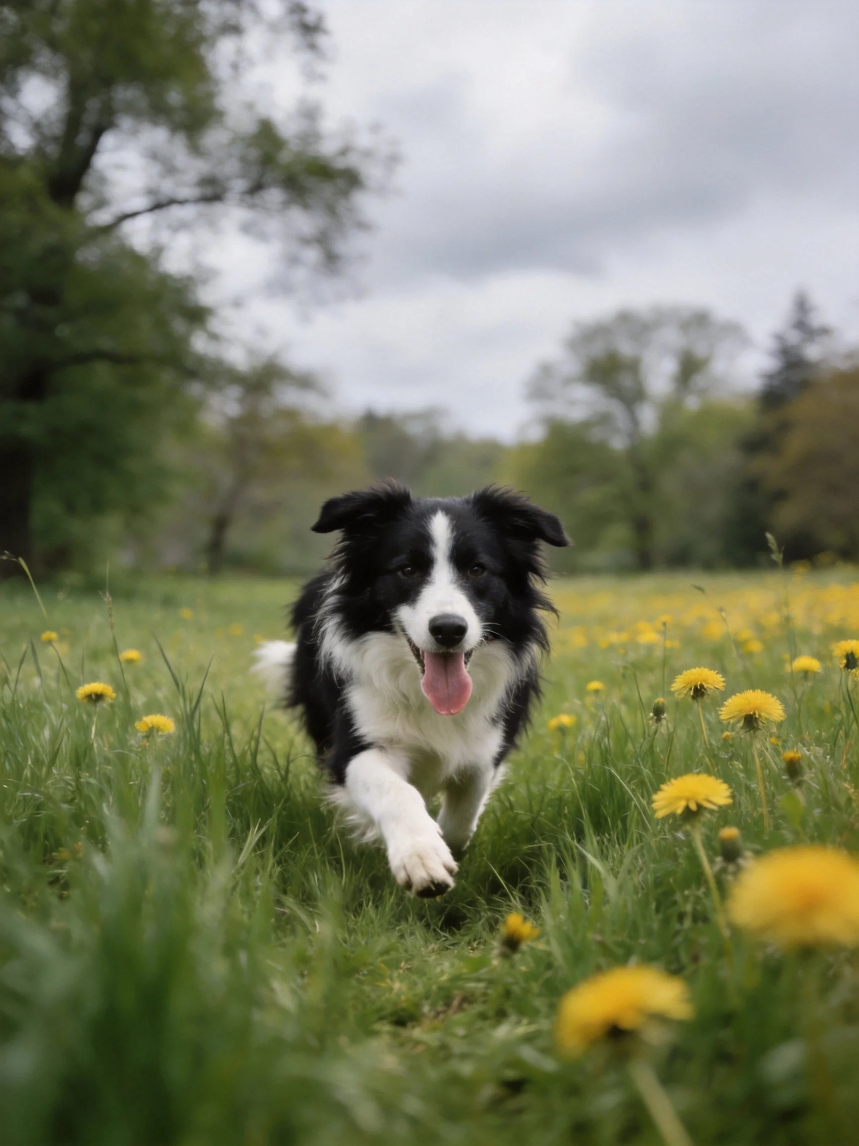 A black and white dog runs through a yellow-flowered meadow