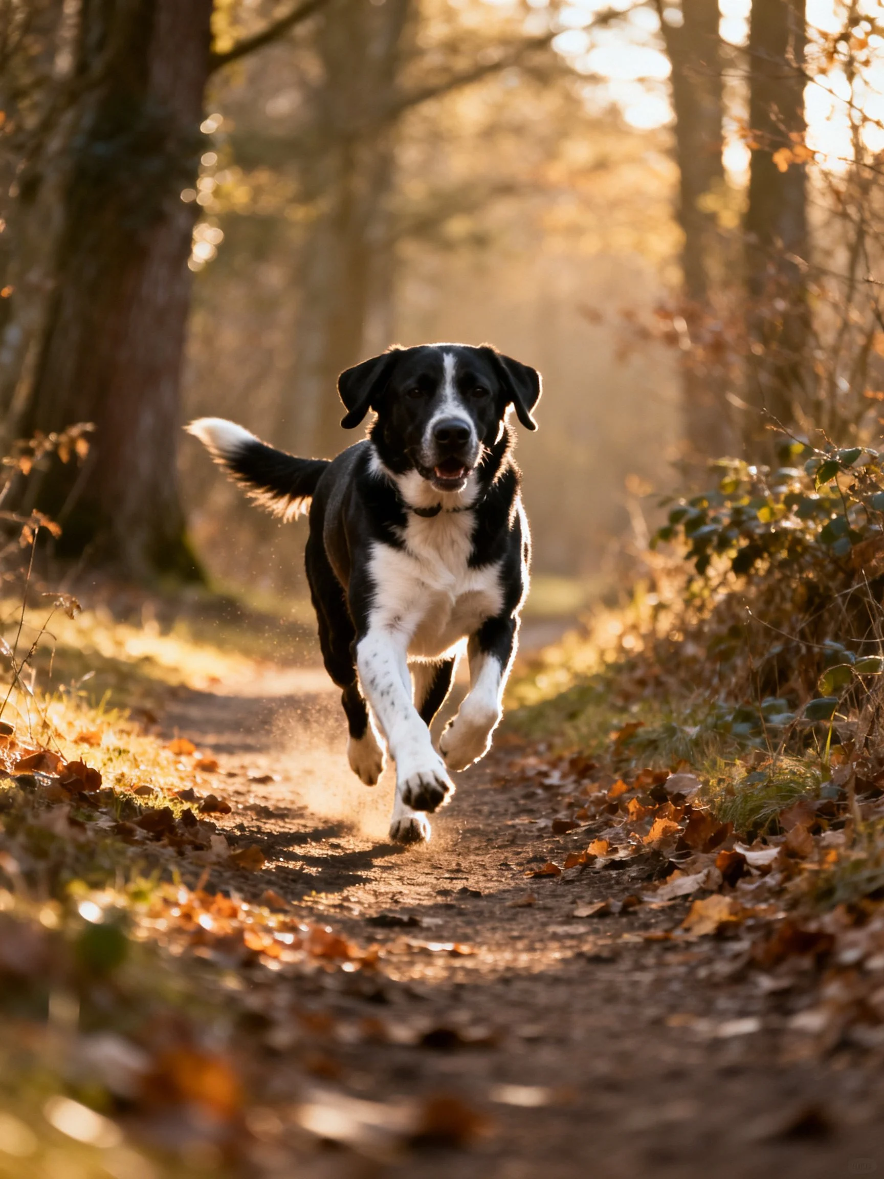 A black-and-white dog dashes along a leaf-strewn forest path during golden hour.