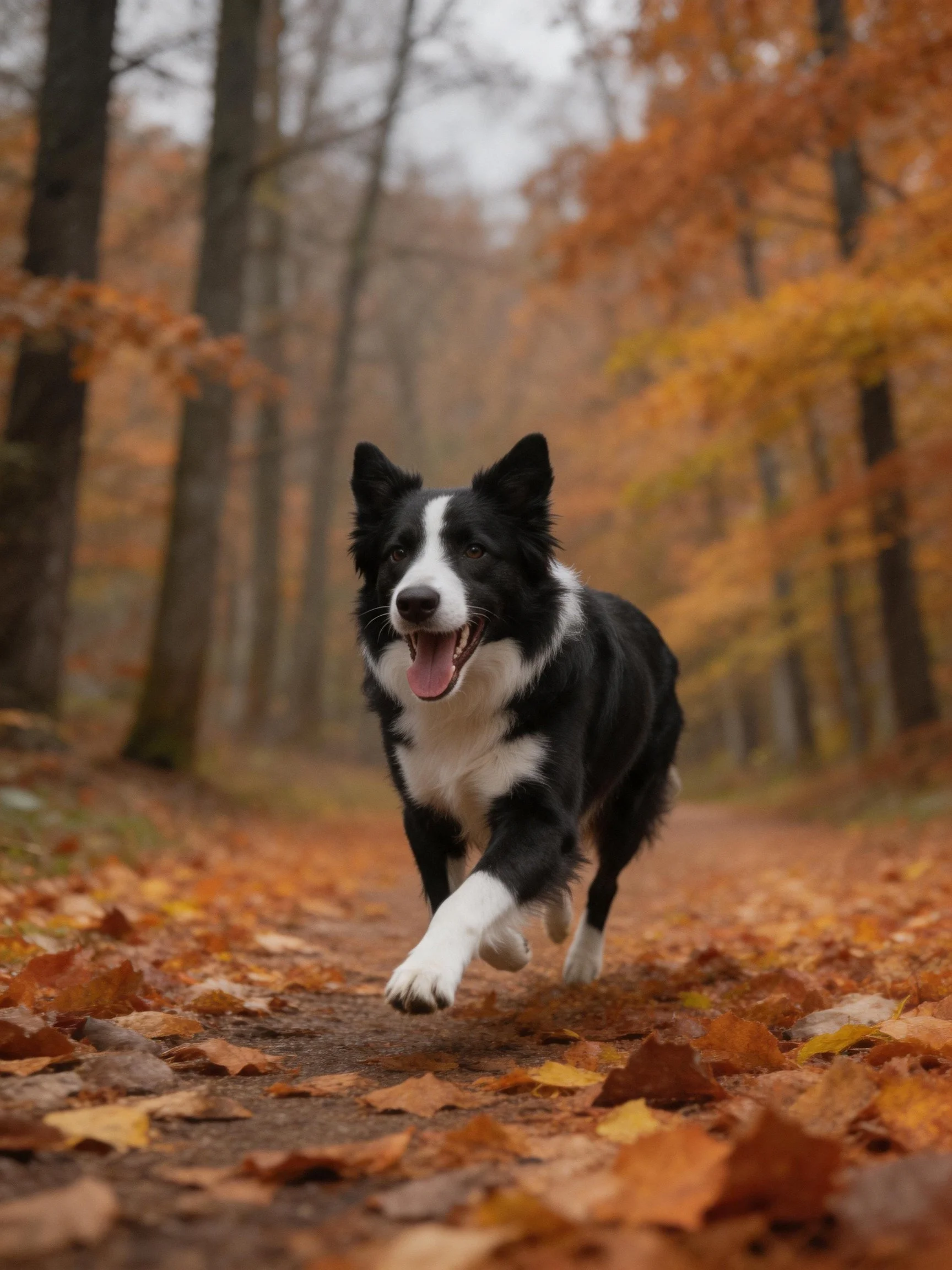 A black and white dog joyfully runs along a leaf-strewn autumn trail.