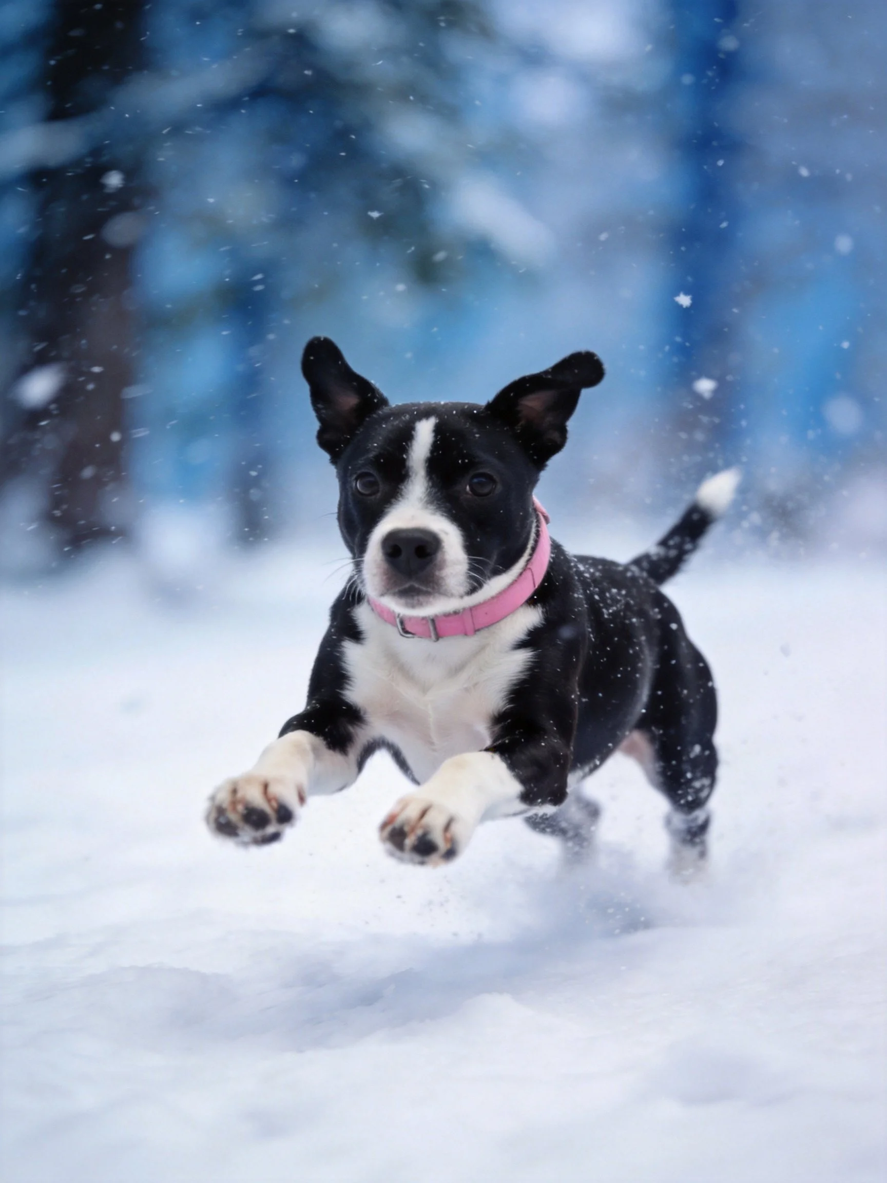 A black and white dog dashes through snow while wearing a pink collar.