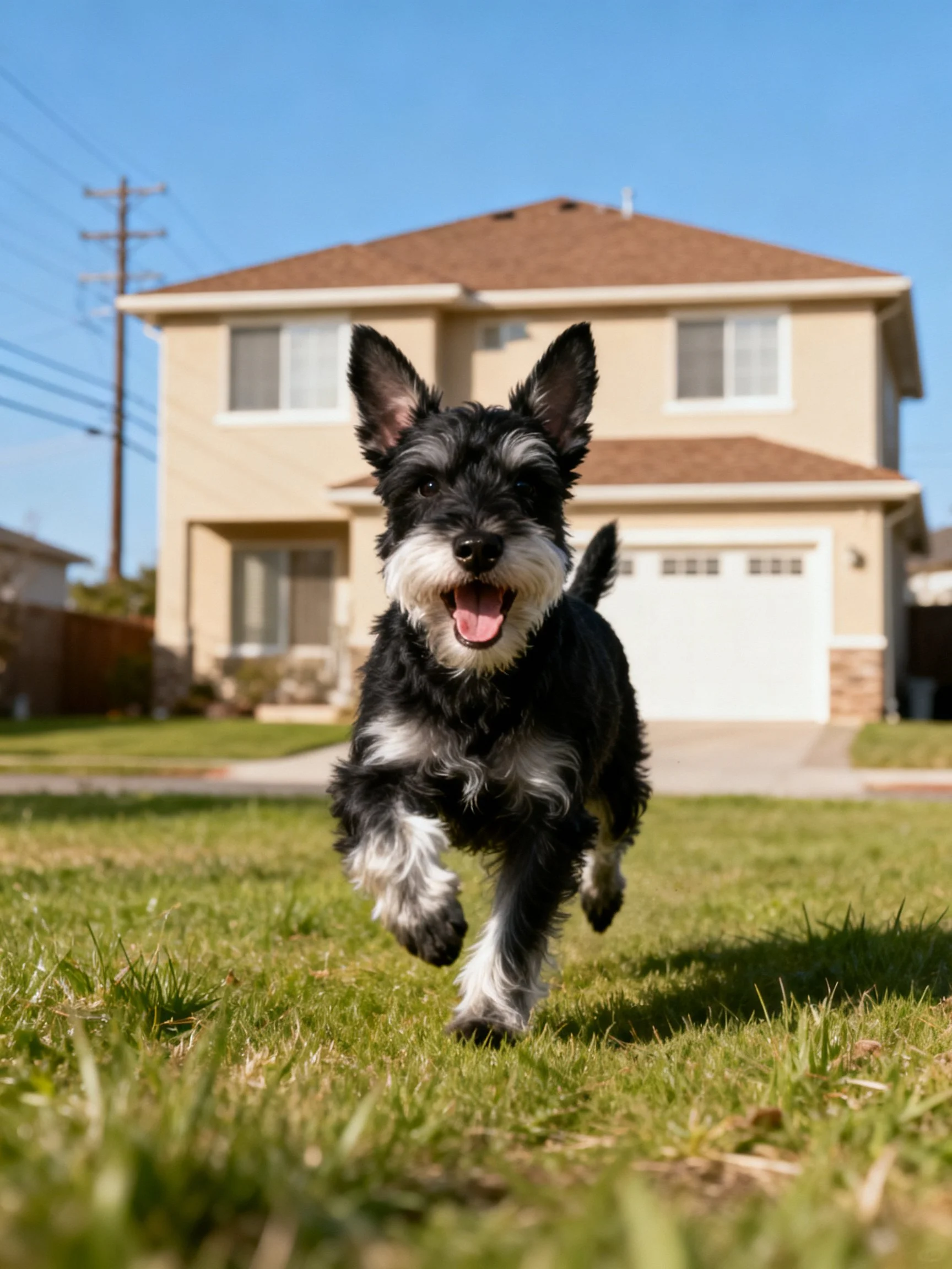 A black and white dog joyfully runs toward the camera with a two - story house behind it.