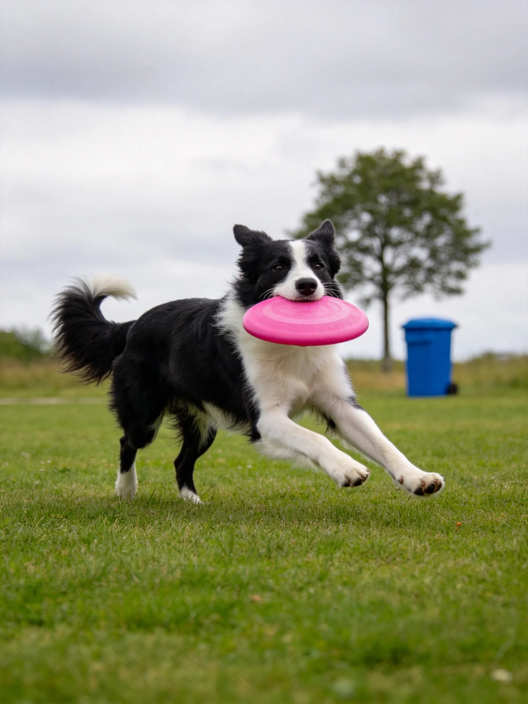 A black and white dog carries a pink frisbee while running on grass.