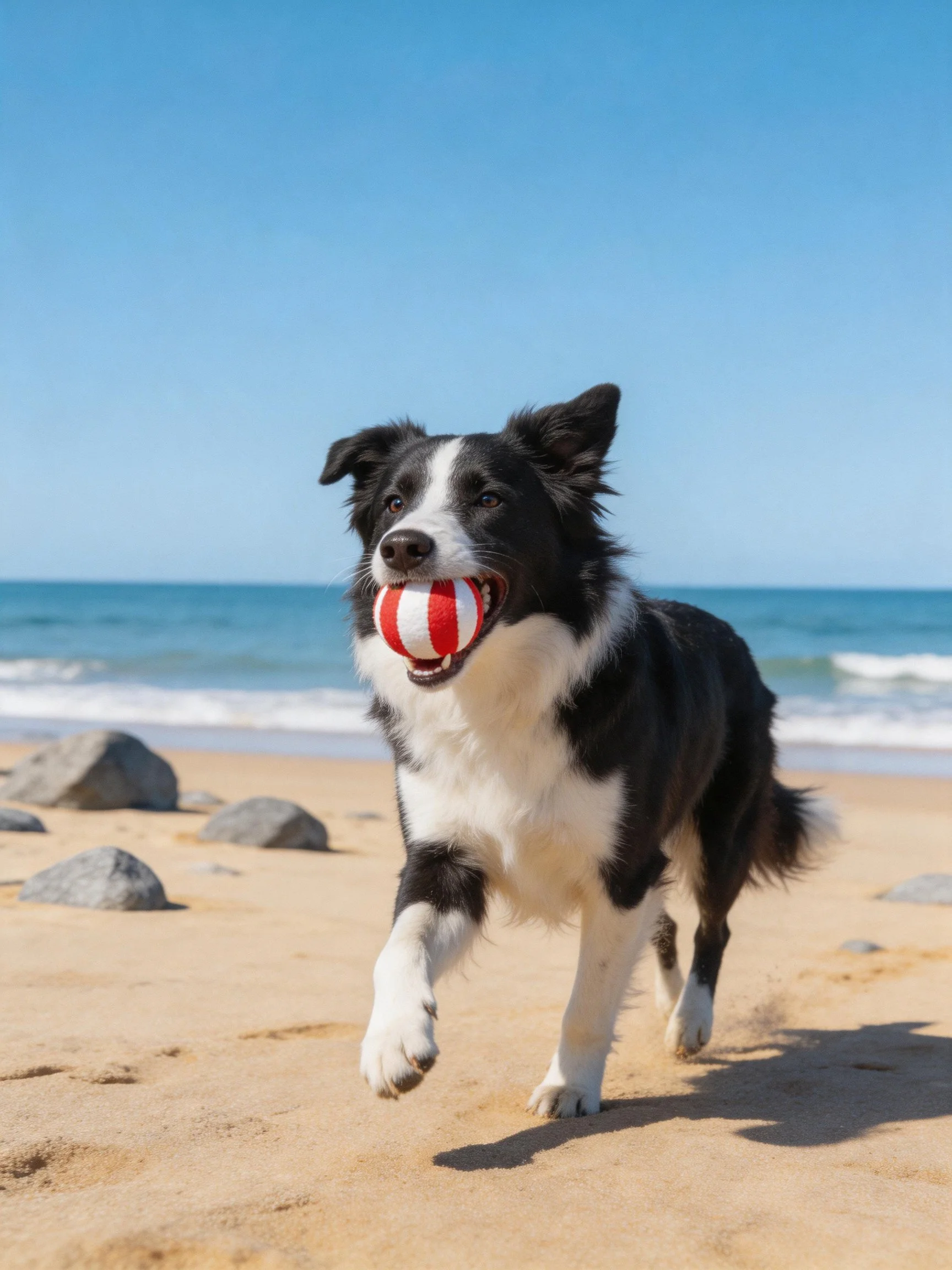 A black and white dog carries a ball while running on a sandy beach near the ocean