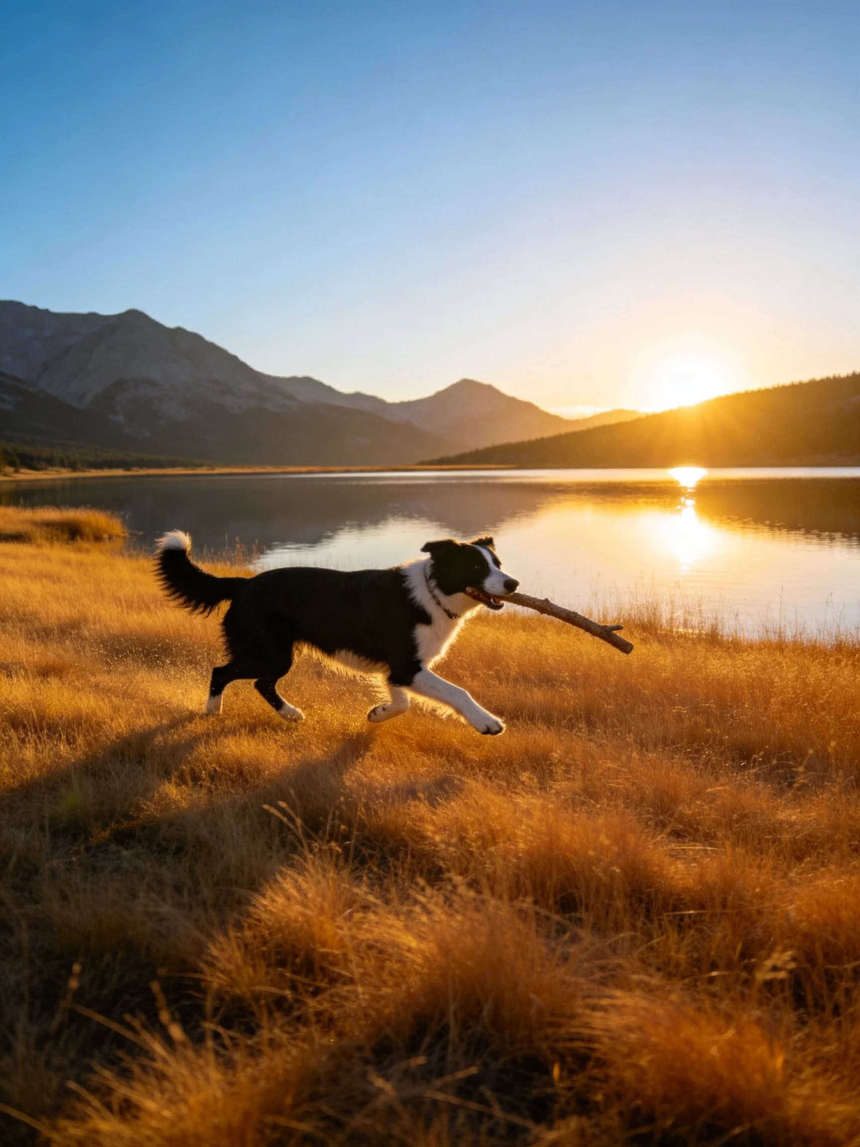 A dog runs with a stick by a lake and mountains during sunset.
