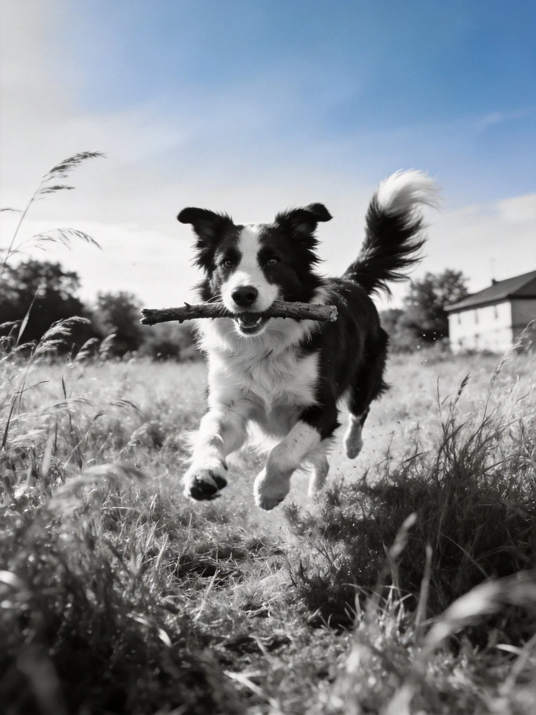 A black and white dog runs through tall grass carrying a stick