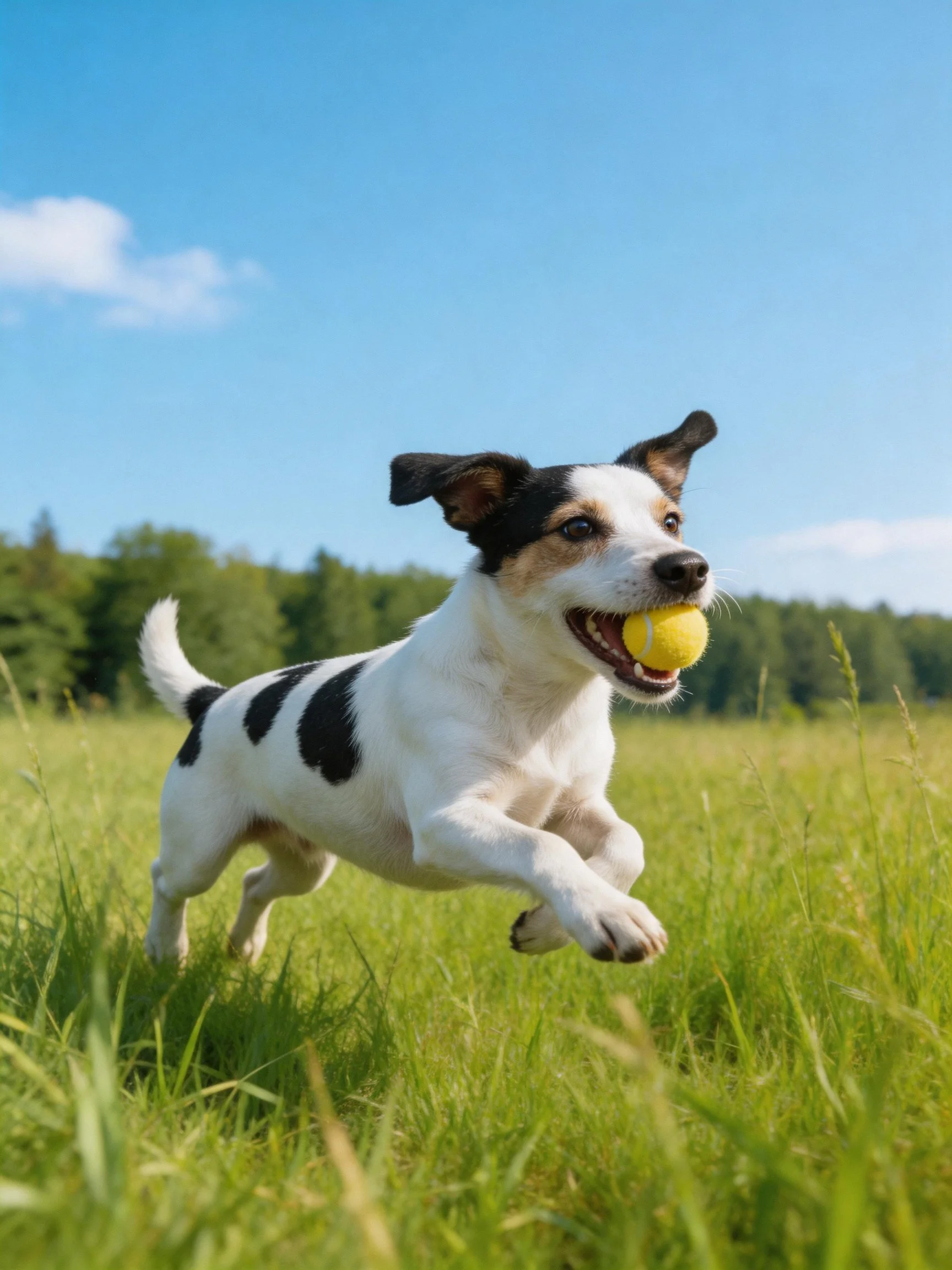 A playful dog sprints through a grassy field carrying a bright tennis ball.