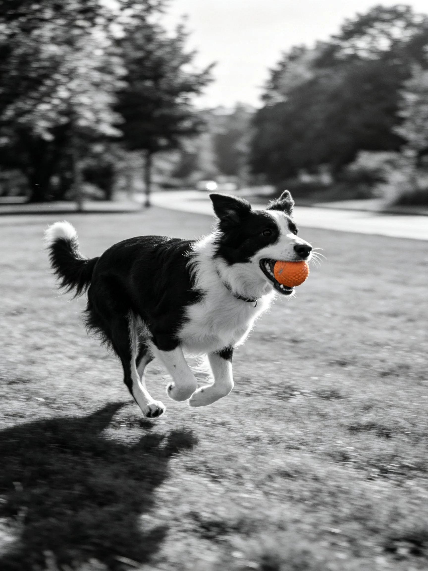 A black - and - white dog runs with an orange ball in a park