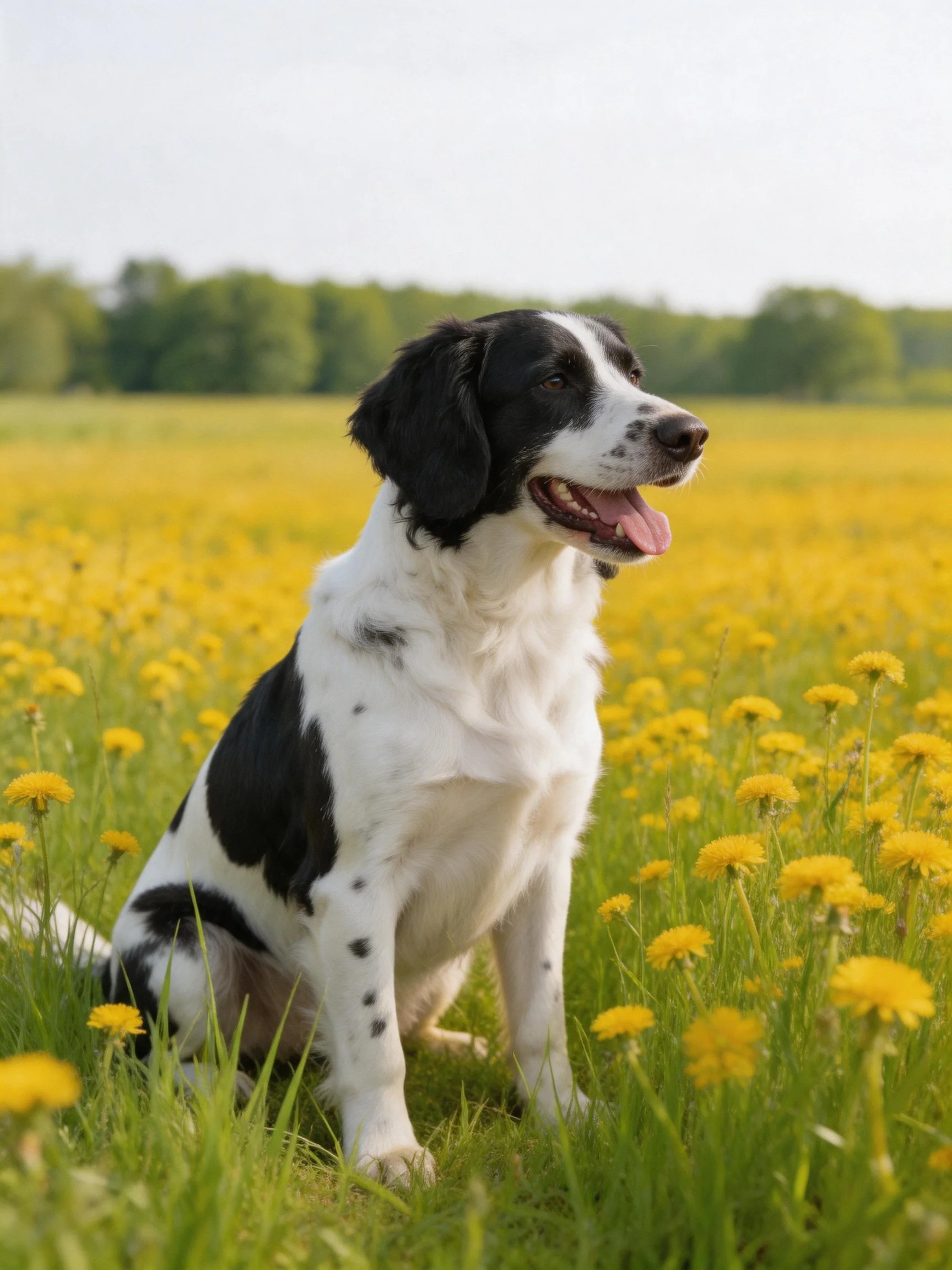 A black - and - white dog sits calmly in a sunlit meadow filled with yellow flowers . Corrected: A: A black - and - white dog sits peacefully in a sunny flower - filled meadow.