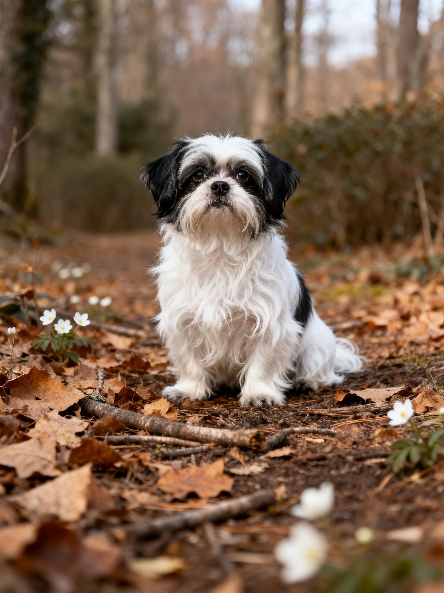 A black - and - white dog sits on an autumn forest floor with leaves and flowers.