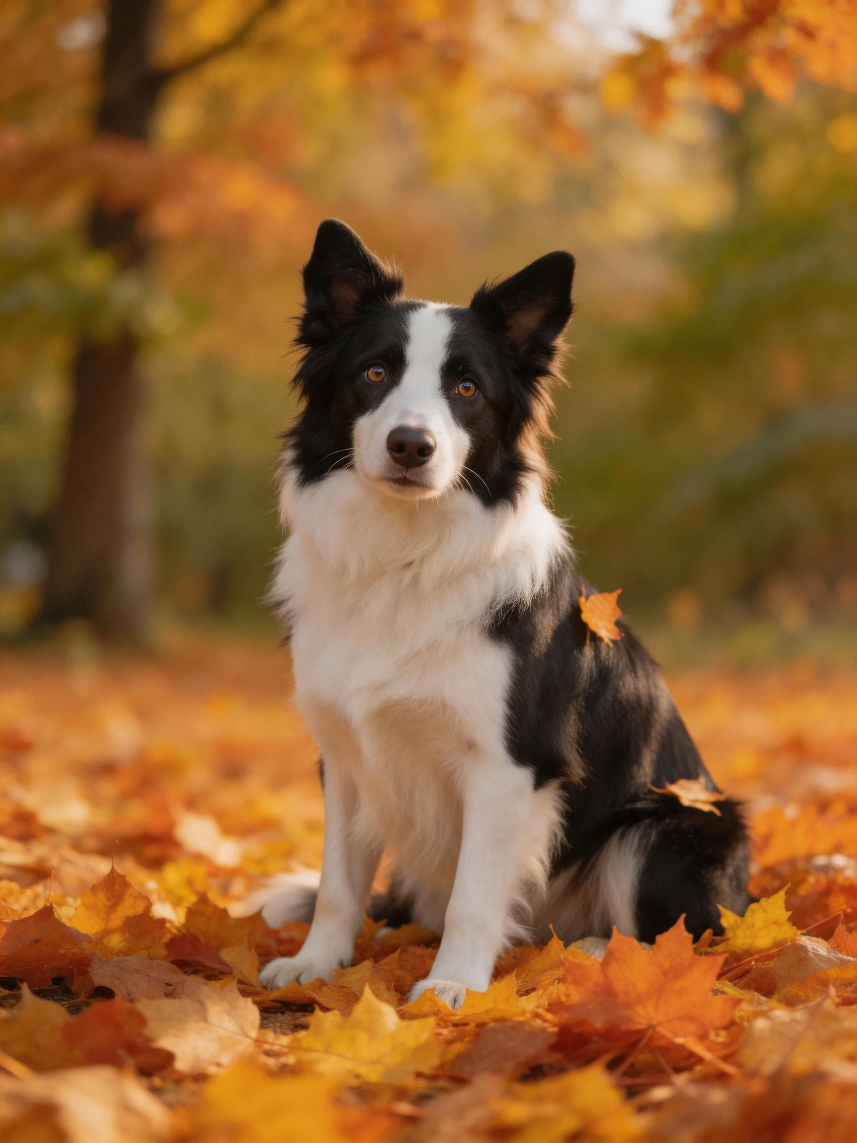 A black and white dog sits calmly among fallen autumn leaves in a sunlit outdoor setting.