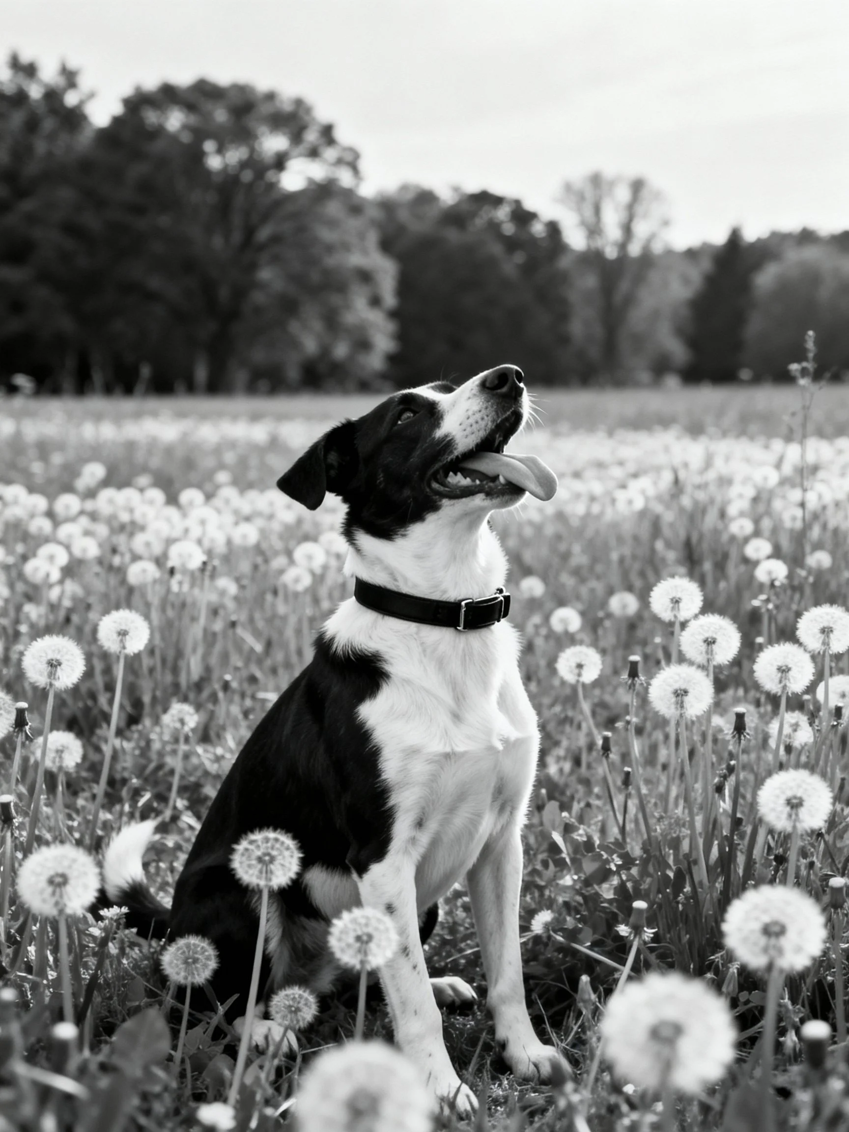 A black and white dog sits peacefully in a dandelion-filled field near trees.