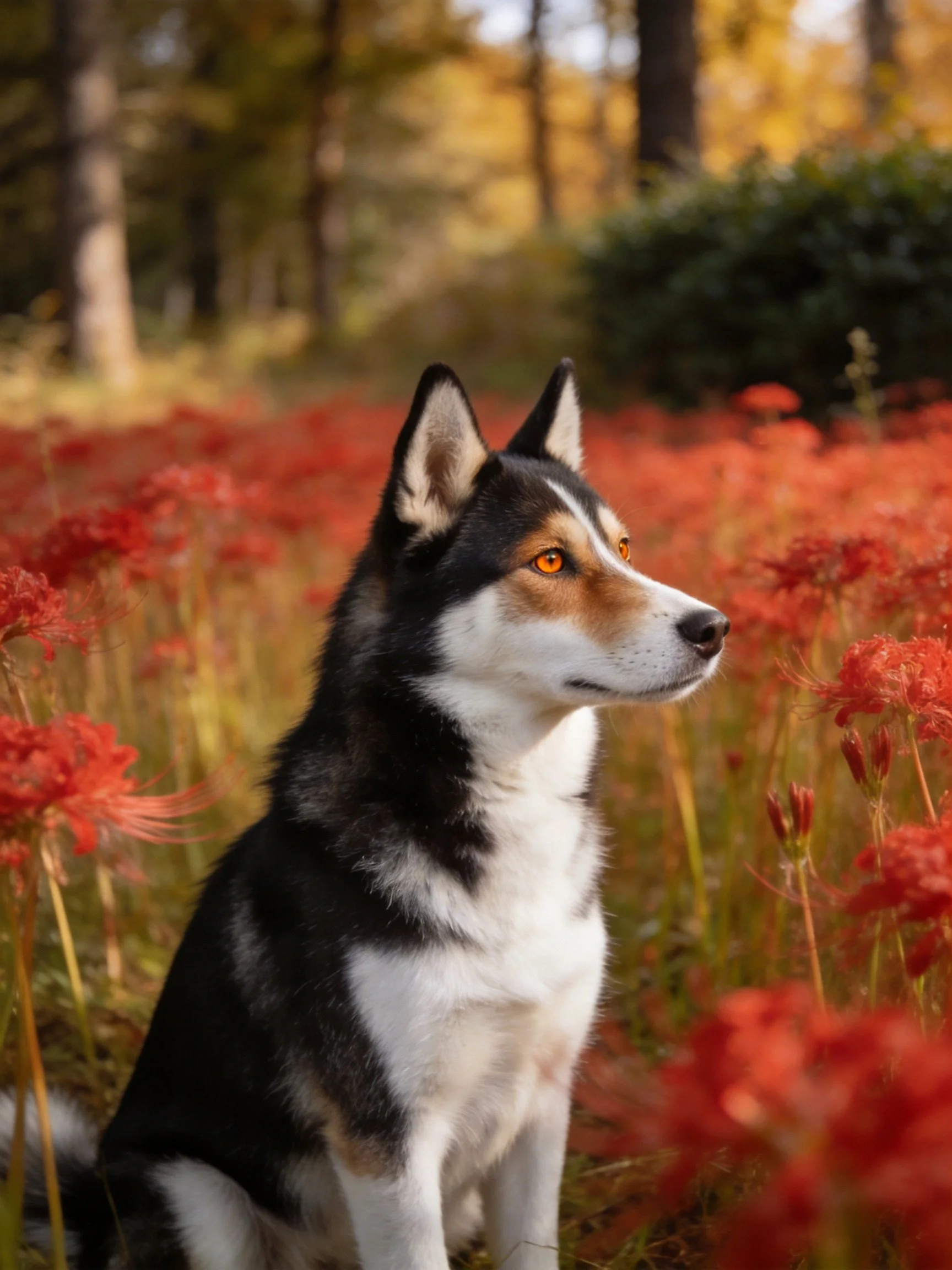 A black-and-white dog sits among red flowers in a sunlit forest.
