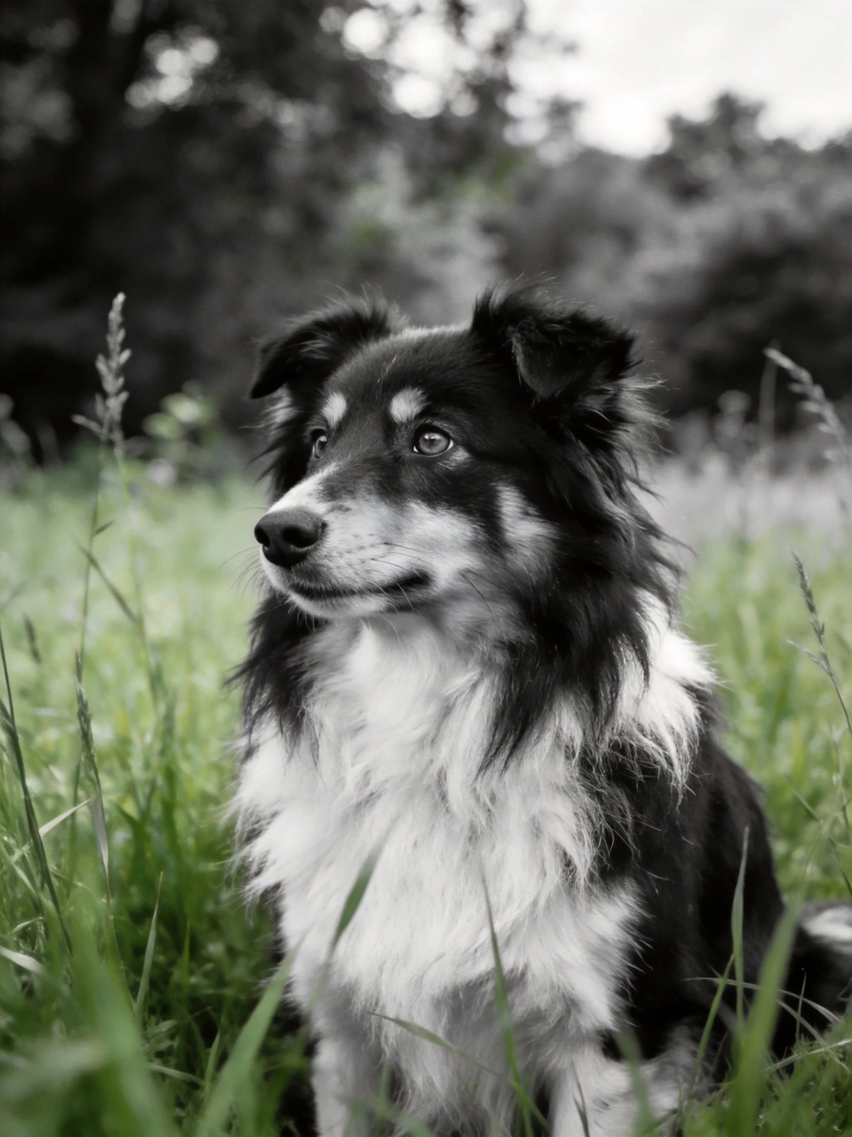 A black and white dog sits calmly among tall grass