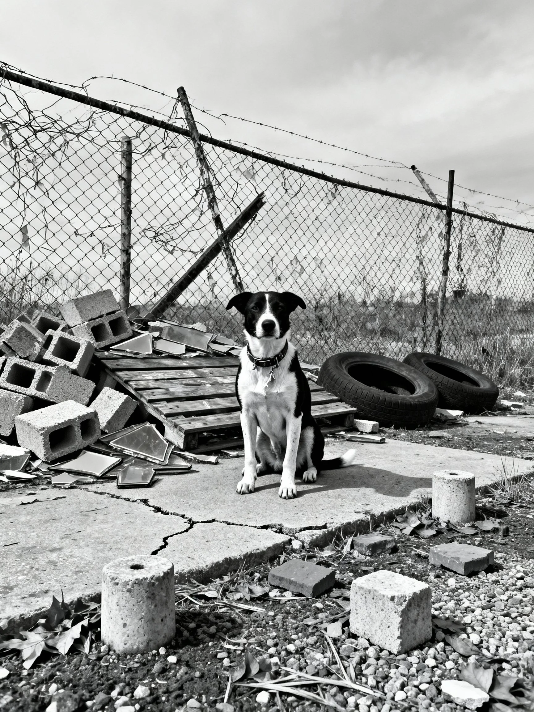 A black and white dog sits amid scattered construction debris and a chain-link fence