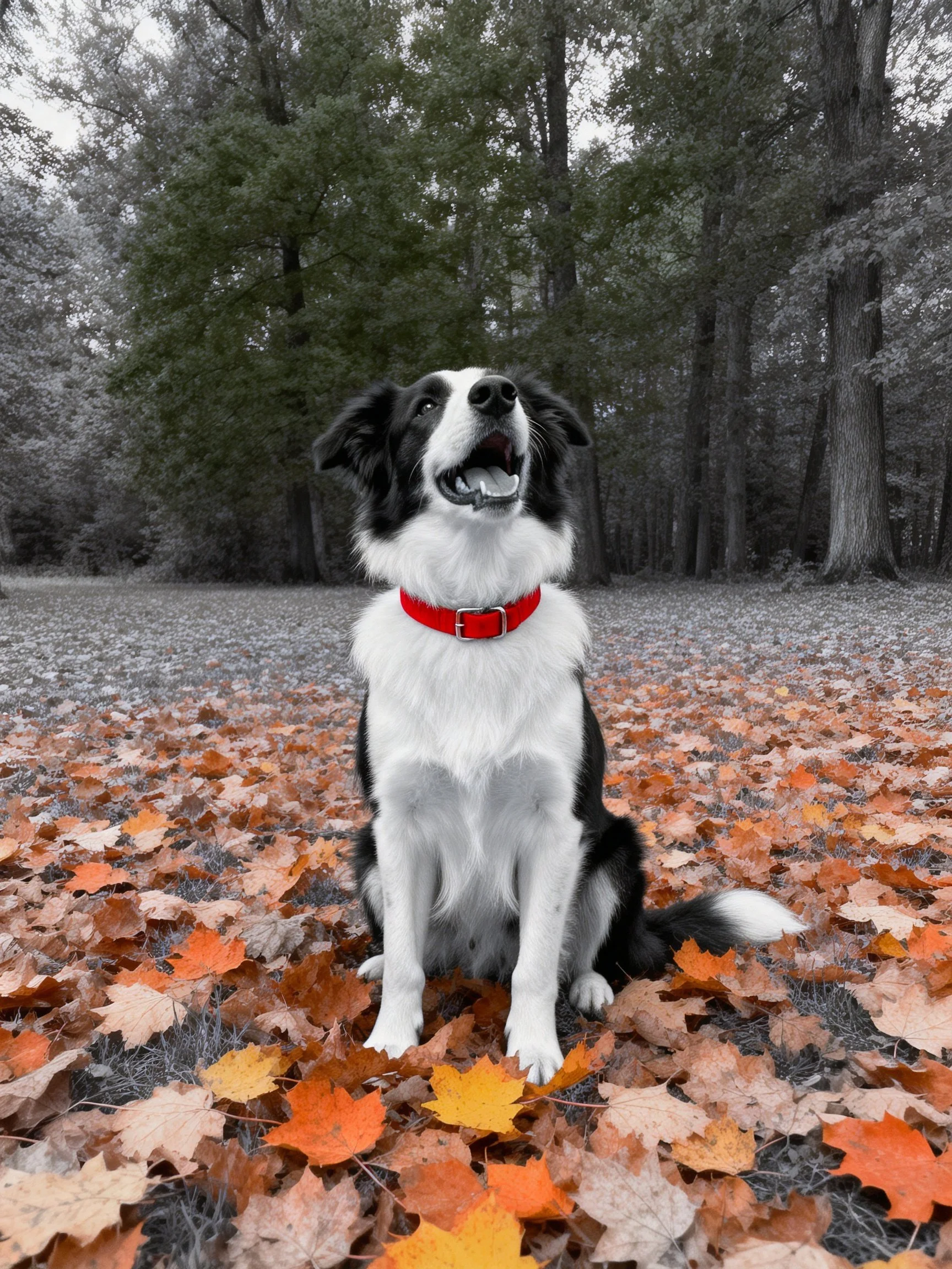 A black and white dog sits on fallen autumn leaves in a wooded area.