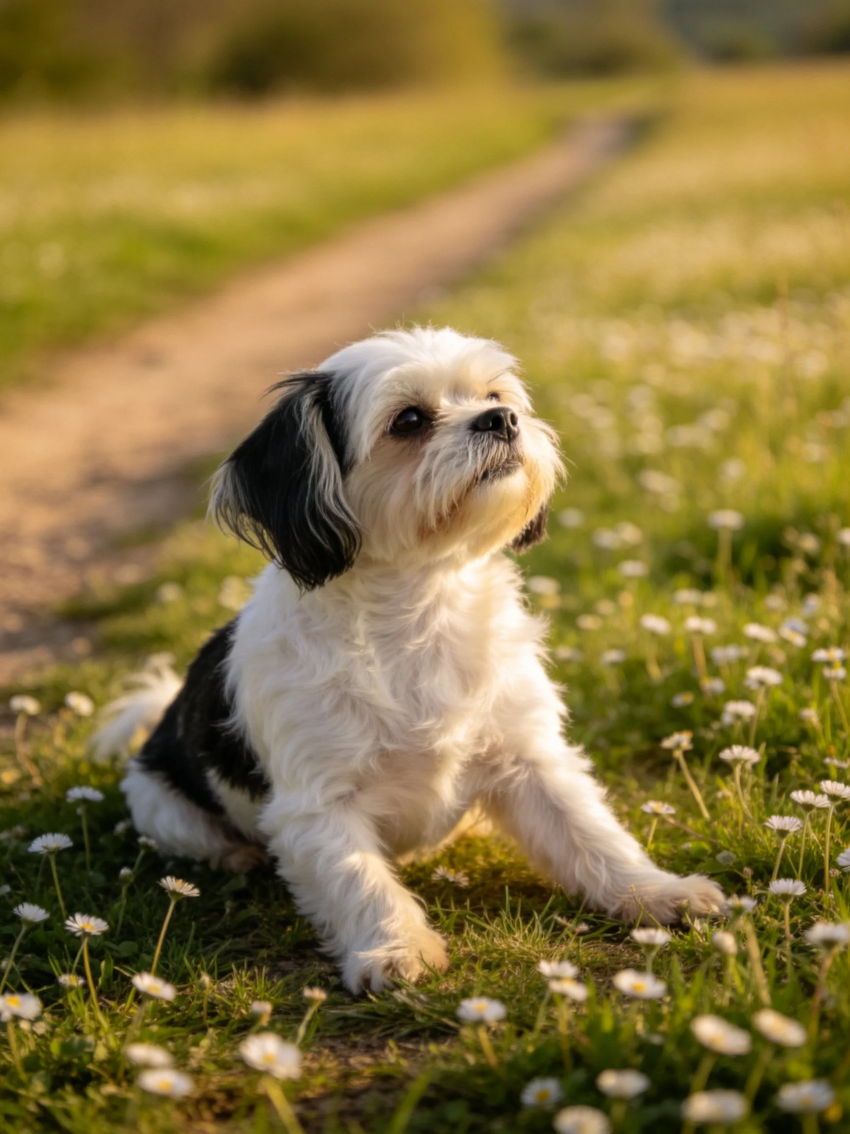 A small black and white dog sits on grass with daisies beside a dirt path