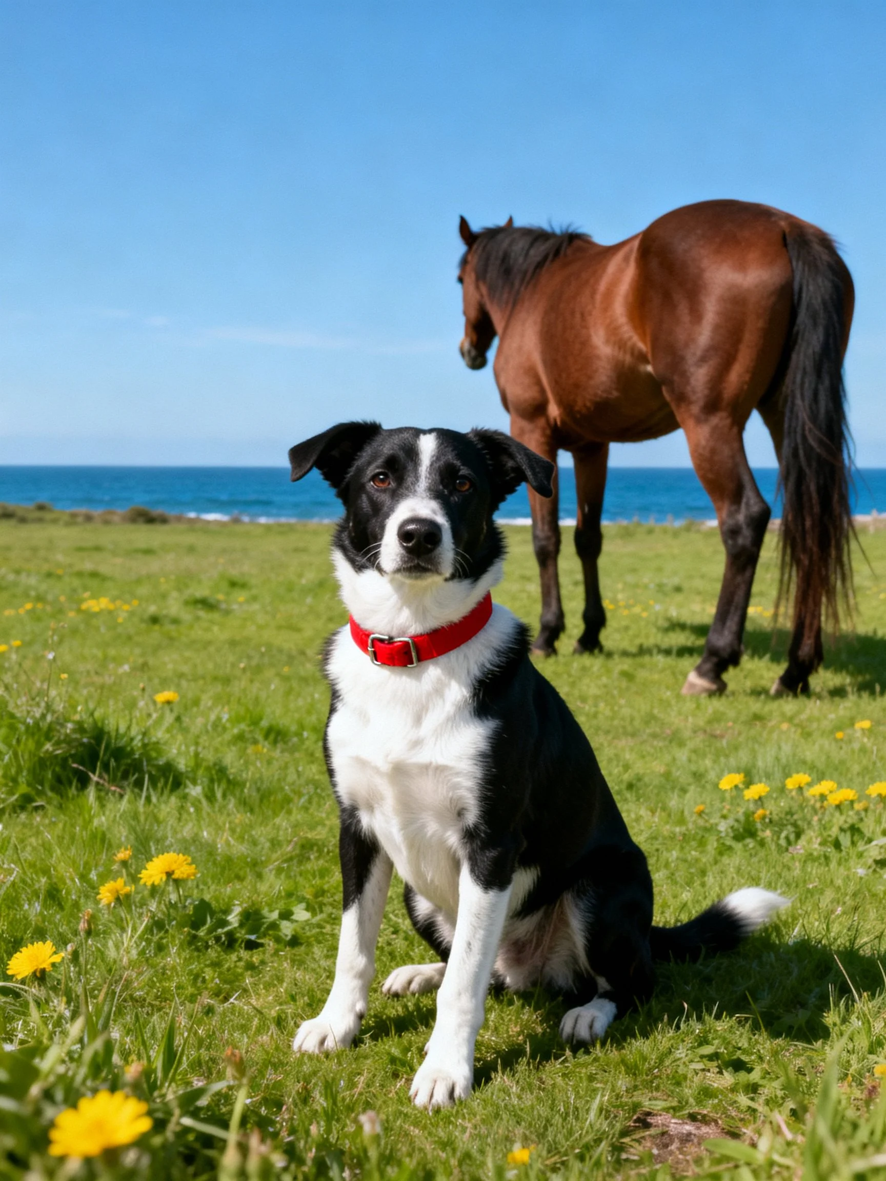 A black and white dog sits beside a brown horse on green grass by the sea