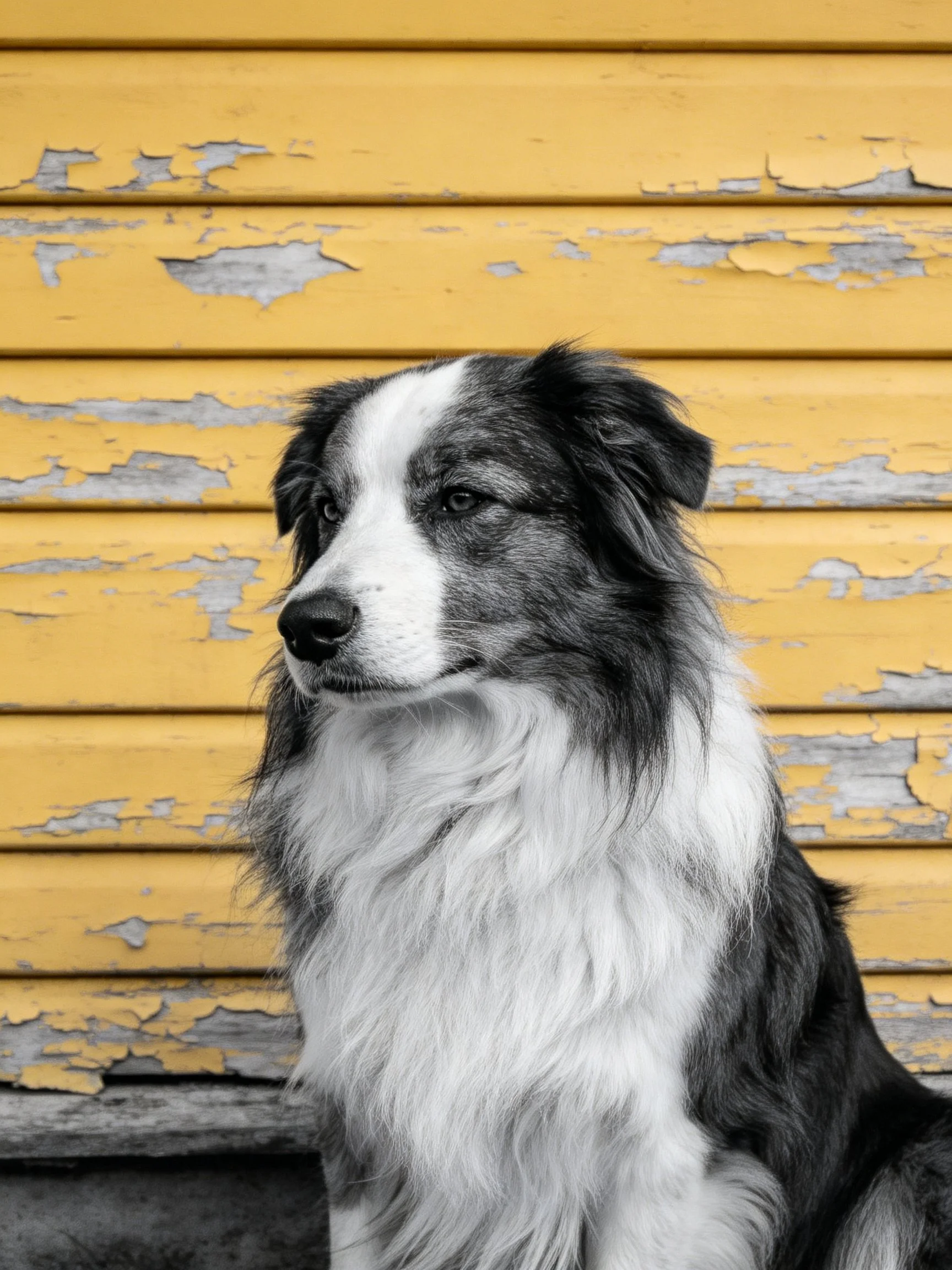 A black and white dog rests near a faded yellow wooden wall.