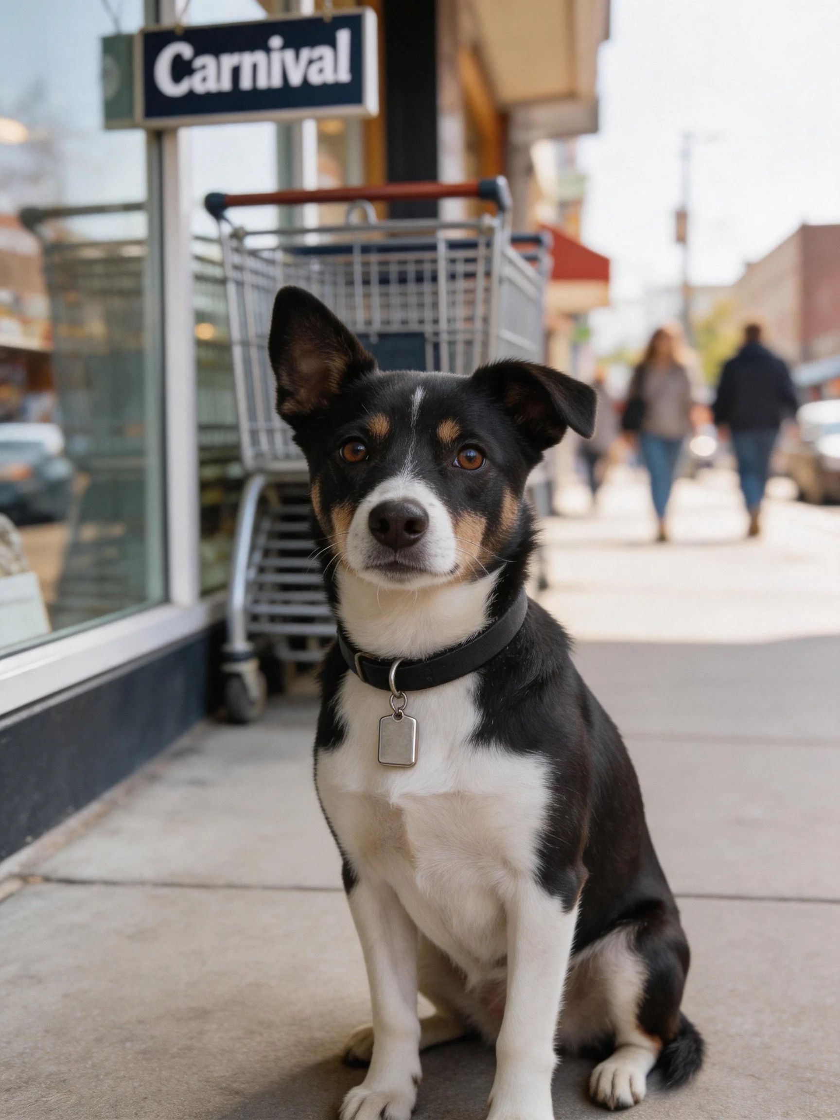 A black and white dog sits on a sidewalk beside a Carnival store with a shopping cart nearby.