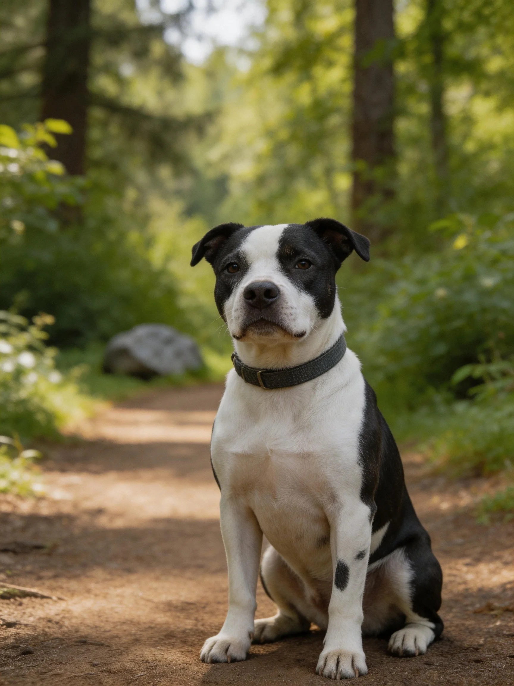 A black and white dog sits on a sunlit forest trail.