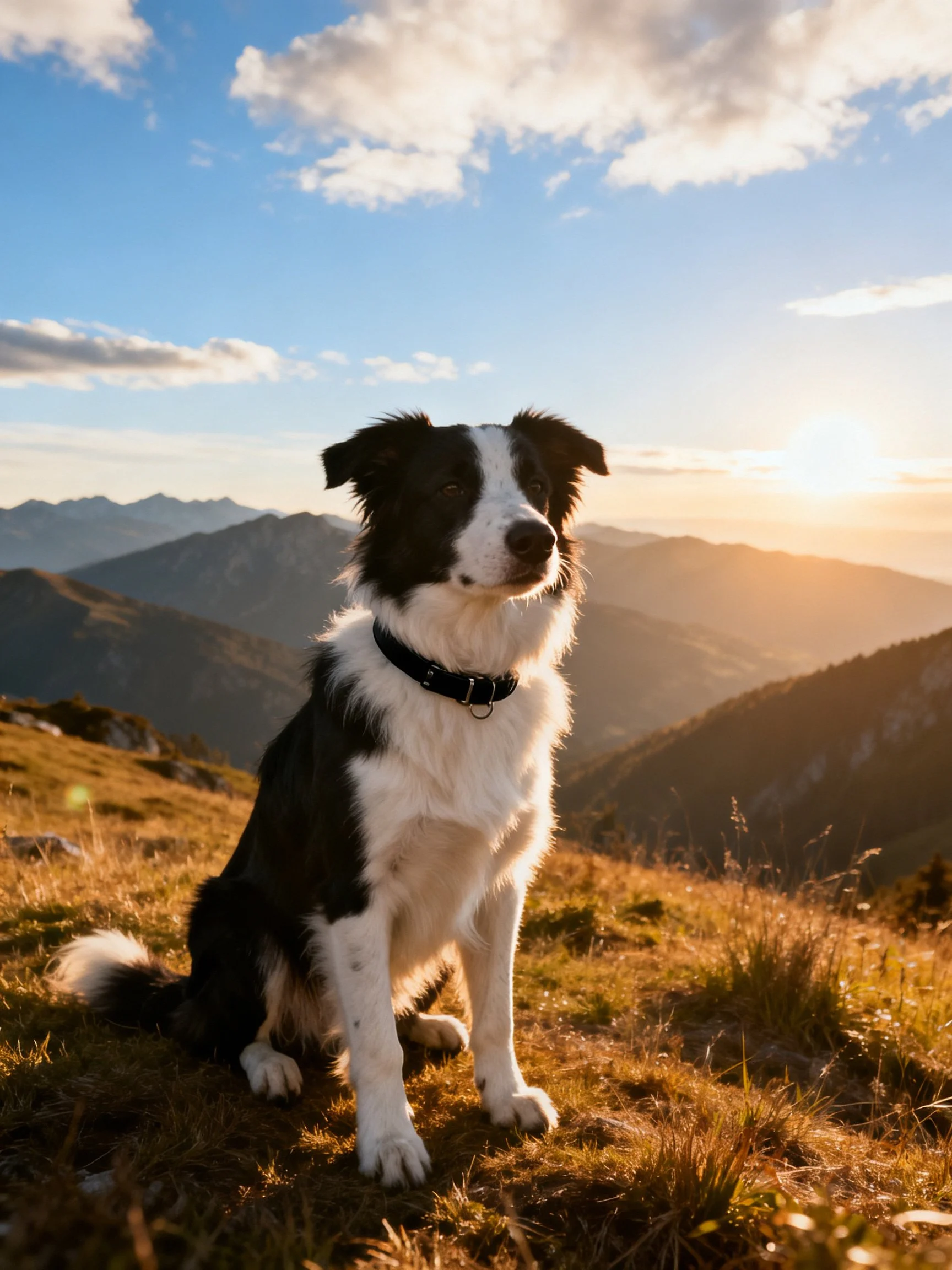 A black and white dog sits calmly on a grassy mountain slope during sunset.