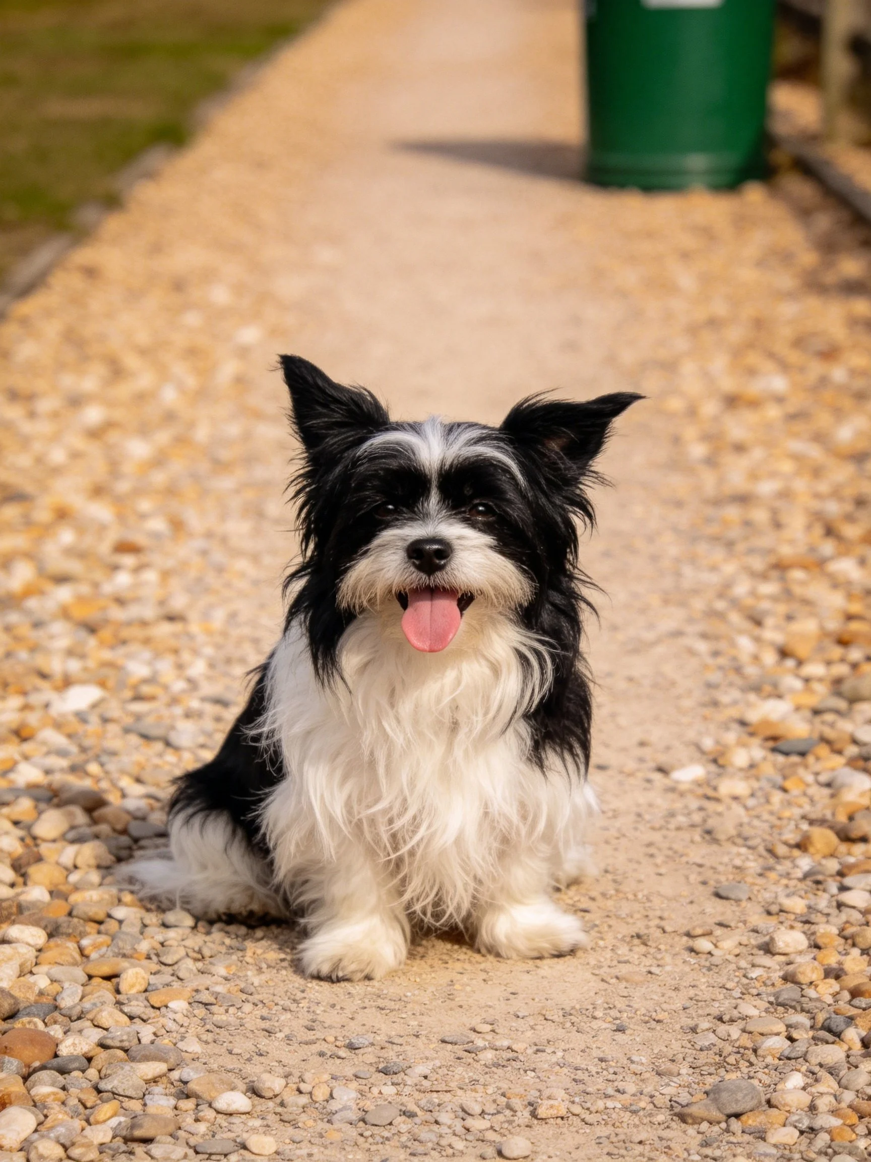A black and white dog sits on a gravel path near a green container.
