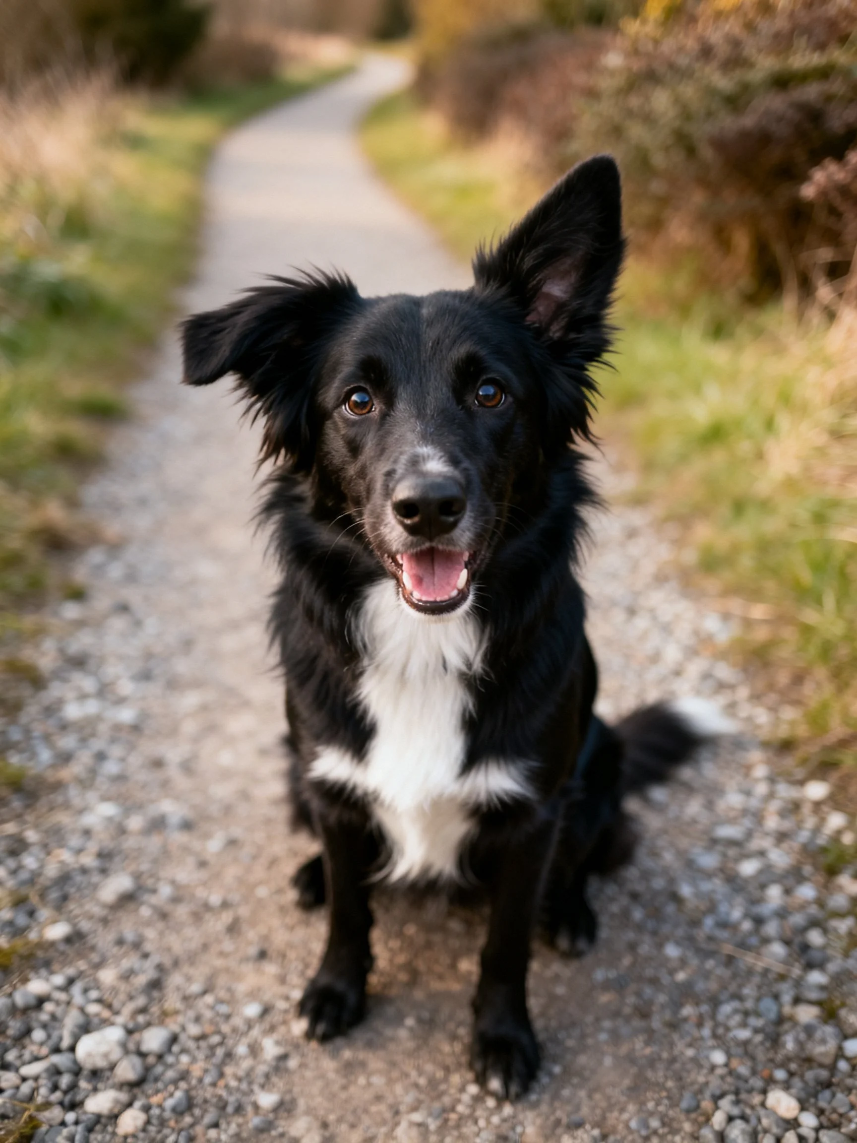 A black and white dog sits cheerfully on a gravel path in a natural outdoor area.