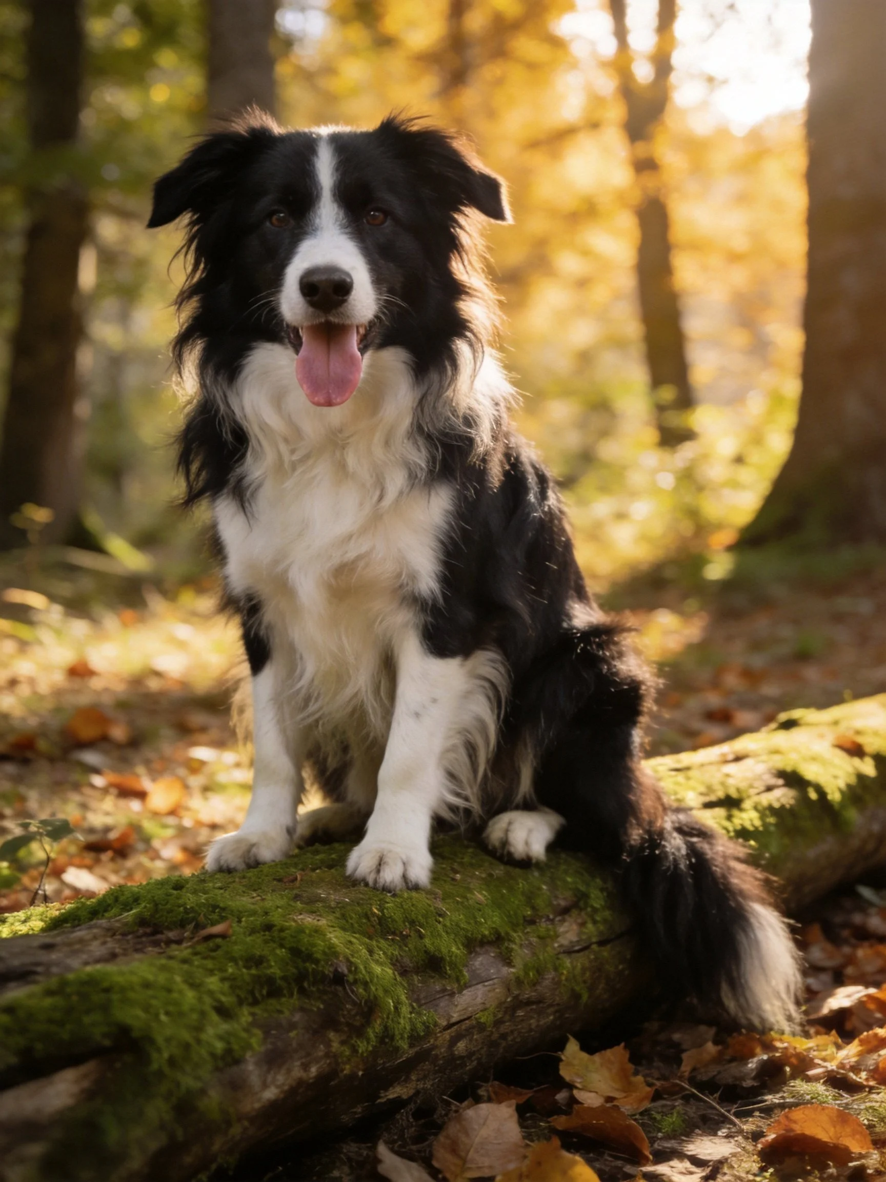 A black and white dog relaxes on a mossy log amid autumn forest scenery.